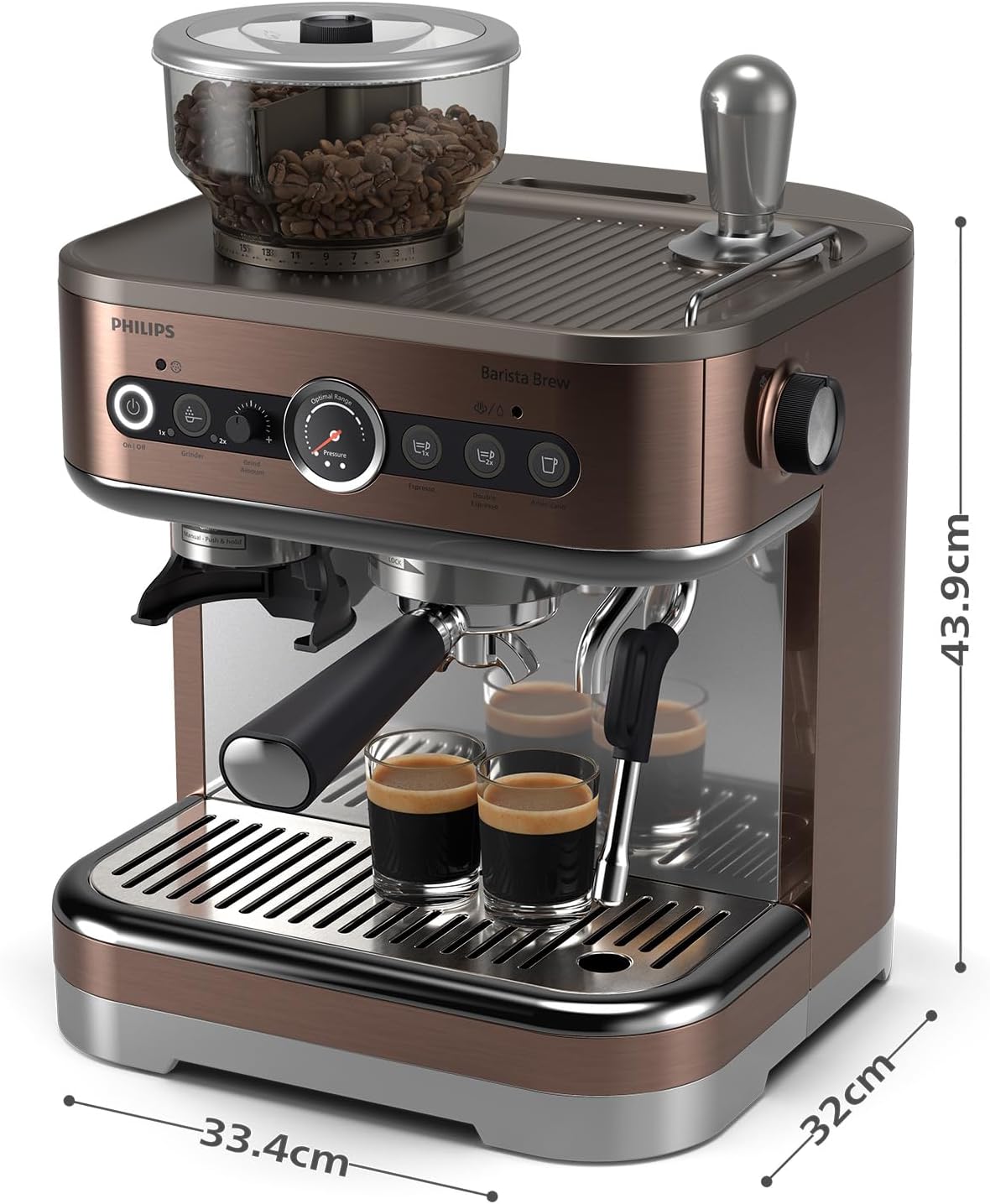 Philips Barista Brew Machine à Espresso Semi Automatique - Espresso simple et double + bouton Americano, réservoir à grains de 250g, guidage intuitif, tassage calibré, métal argenté (PSA3218/01)