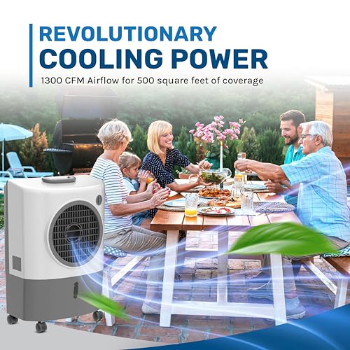 Portable Swamp Coolers - 1300 CFM MC18M Evaporative Air Cooler with 2-Speed Fan, 53.4 dB - 500 sq. ft. Coverage Evaporative Air Cooler Portable High Velocity Outdoor Cooling Fan by Hessaire - White