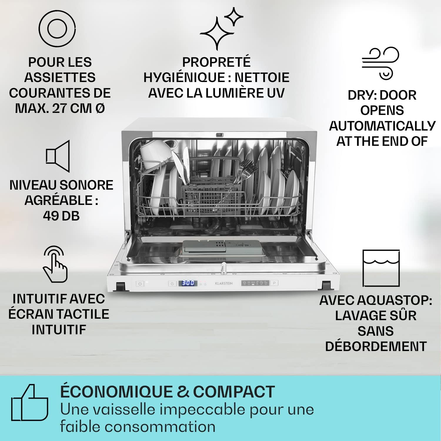 Klarstein Mini Lave Vaisselle de Table de 8 Couvert, Silencieux, 6 Programmes de Lavage, Portable, Facile à Installer pour la Maison et Bureau