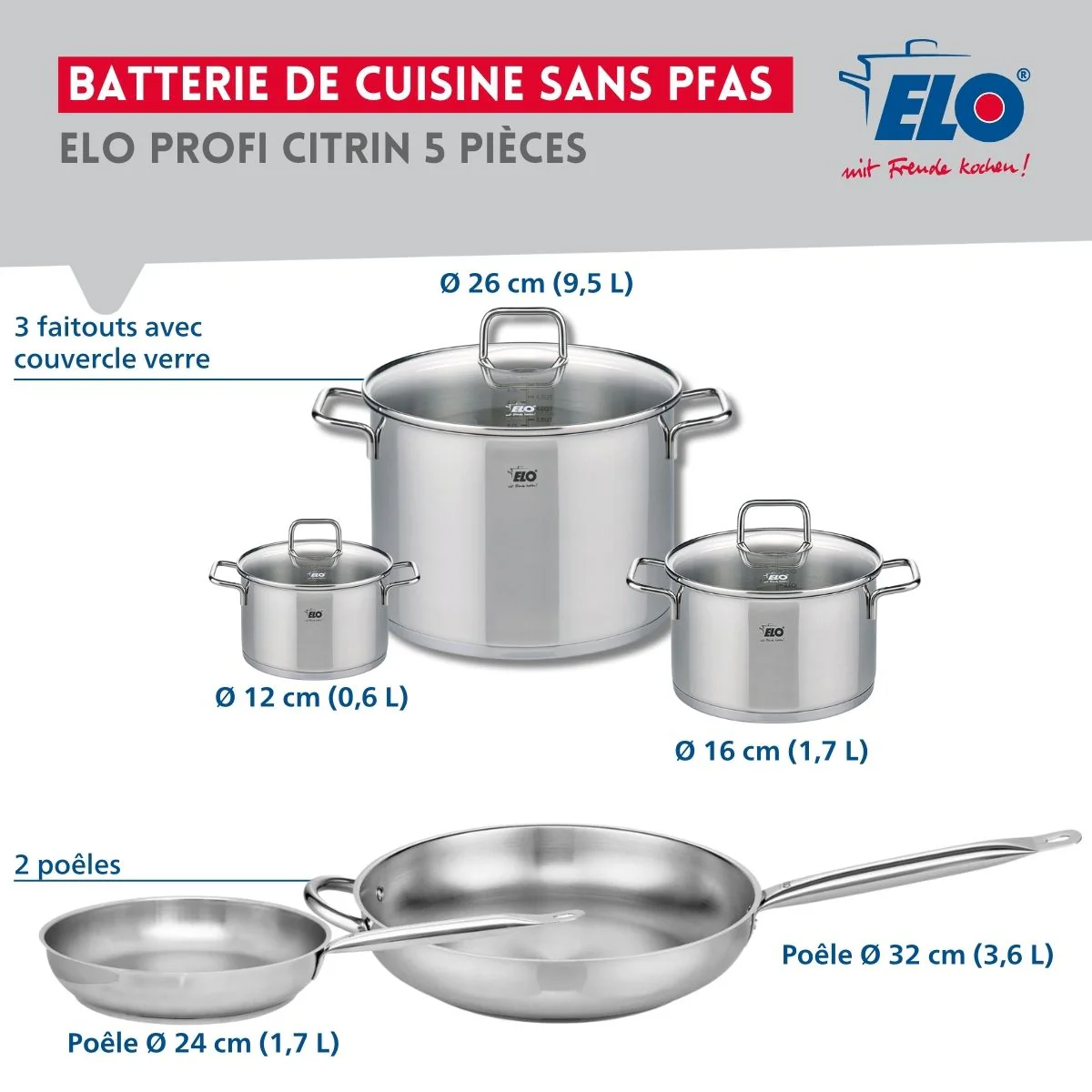 Ensemble de 2 Poêles de cuisson 24 et 32 cm et 3 faitouts 12, 16 et 26 cm Elo Profi Citrin Elo