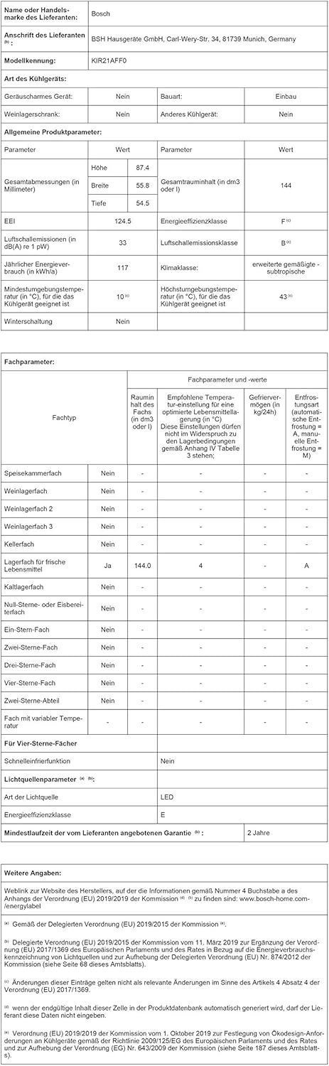 Bosch KIR81AFE0 Serie 6 Réfrigérateur encastrable, 177,5 x 56 cm, 319 L, charnière plate, fabriqué en Allemagne, VitaFresh plus 2 x fraîcheur plus longue, éclairage LED uniforme
