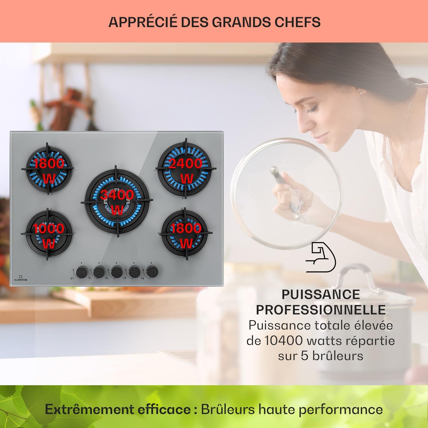 Klarstein Table de Cuisson à Gaz, Plaque de Cuisson Gaz à 4 Brûleurs, Table de Cuisson Electrique à 4 Feux de 8000W, Cuisiniere Gaz, Gaziniere Gaz avec Brûleurs en Acier Inoxydable, Cuisinières GPL