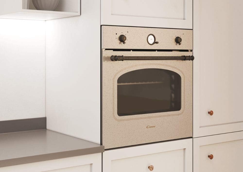 Candy FCC604NAV Four électrique encastré, ventilé, capacité 65 litres, fonction pizza, 8 programmes, 56,8 x 59,5 x 59,5 cm, style rustique, avoine, classe A+
