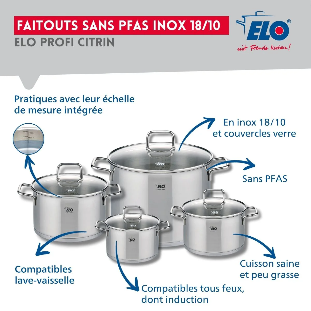 Ensemble de 1 Poêle de cuisson 24 cm et 4 faitouts 14, 16, 20 et 26 cm Elo Profi Citrin Elo