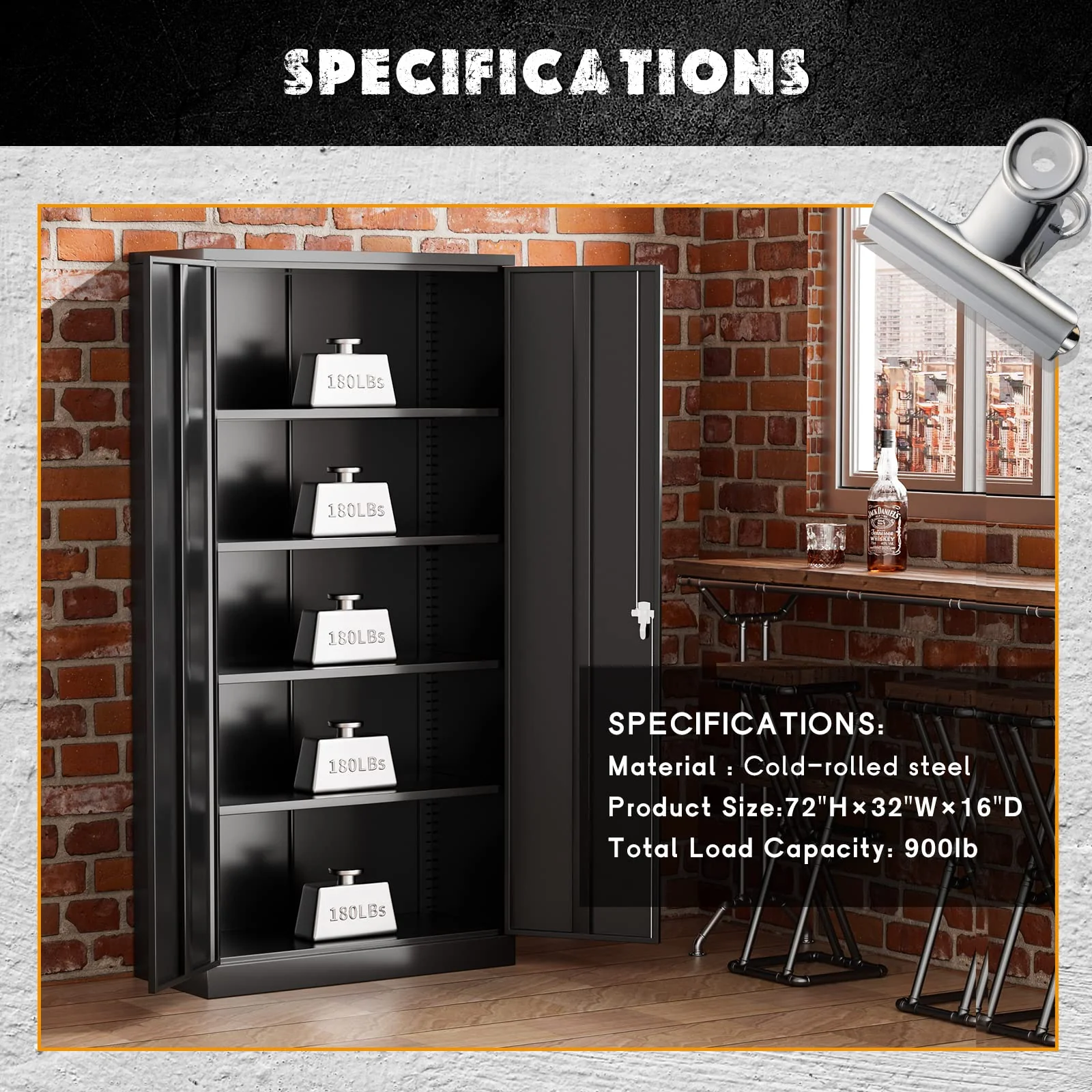 Greenvelly 72” Black Storage Cabinet with Doors