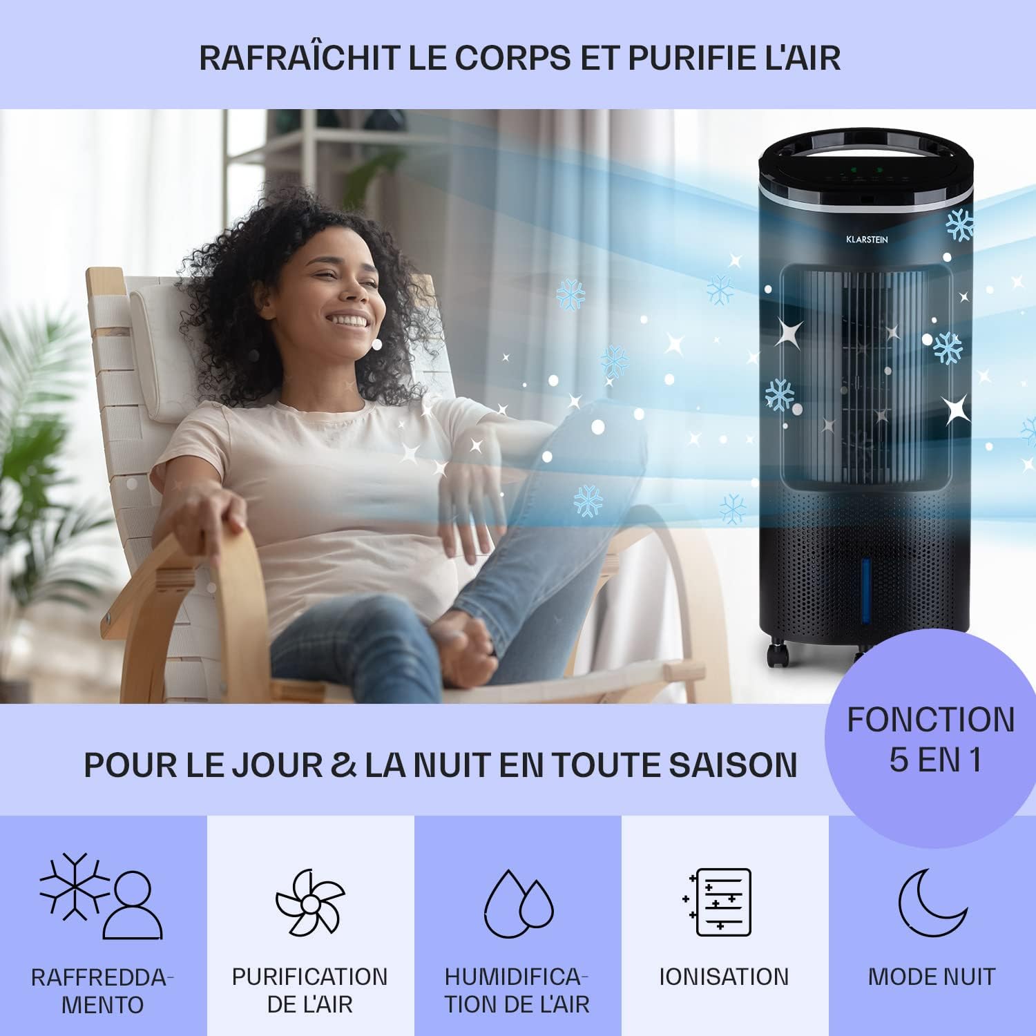 Klarstein Rafraichisseur d'Air 4 en 1, Climatiseur Portable Smart APP Mobile, Humidificateur, Ventilateur, Sans Évacuation 65W, Pack Glacons, Mode Nuit, Puissant Débit d'Air 330m³/h