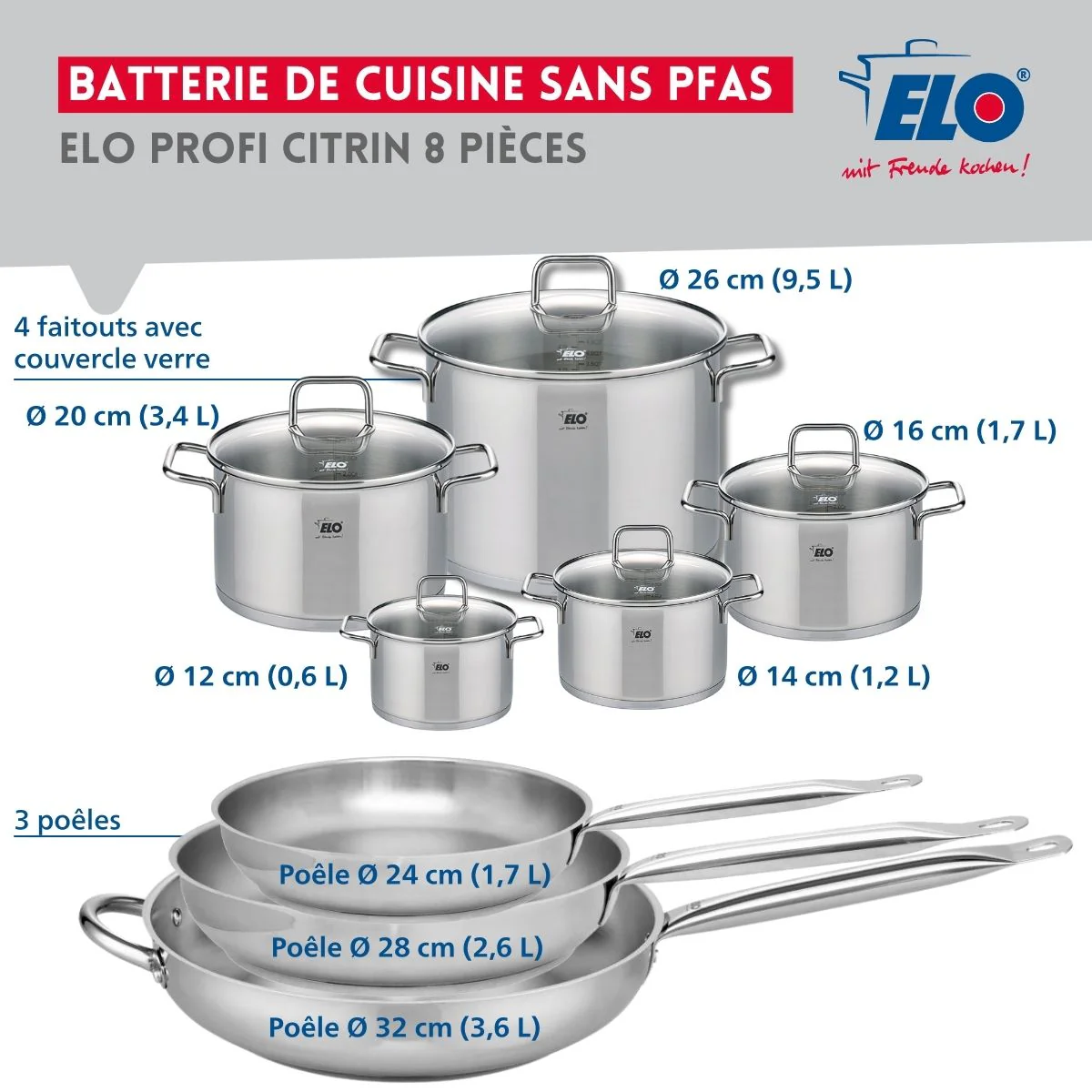 Ensemble de 3 Poêles de cuisson 24, 28 et 32 cm et 5 faitouts 12, 14, 16, 20 et 26 cm Elo Profi Citrin Elo