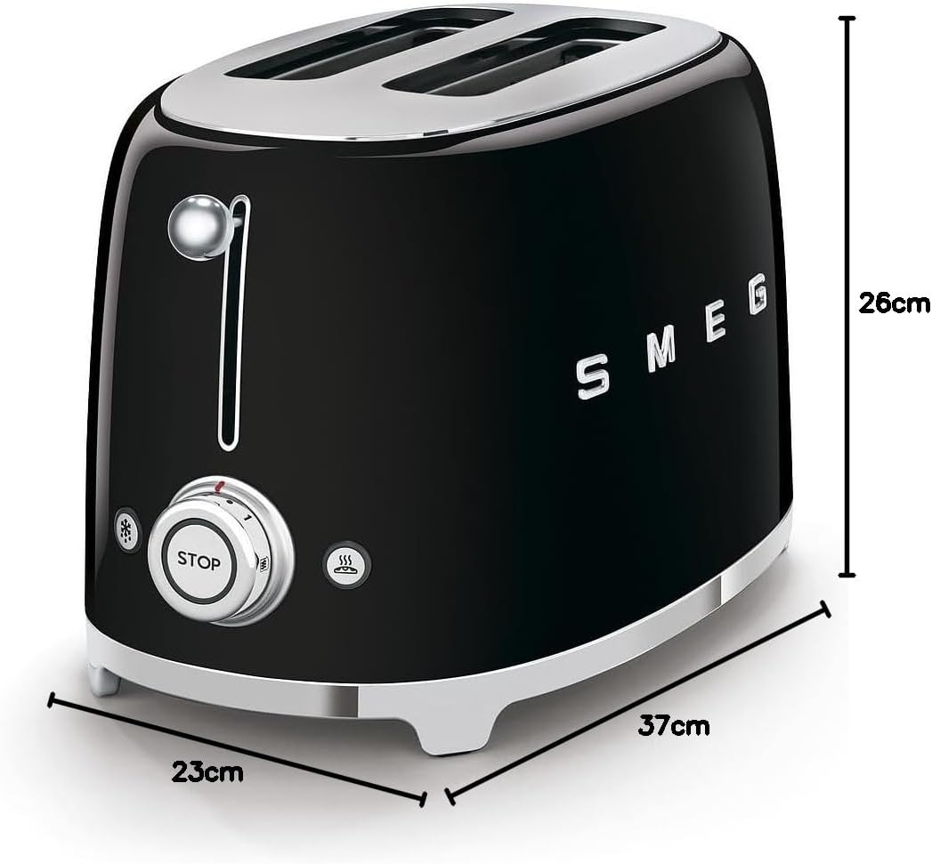 Smeg, Grille-pain 2 Tranches TSF01UJEU, 2 Fentes 36 mm, 6 Niveaux de Brunissage, Fonction Chauffage, Décongélation et Bagel, Éjection Automatique du Pain, Ramasse Miettes, 950 W, Royaume-Uni