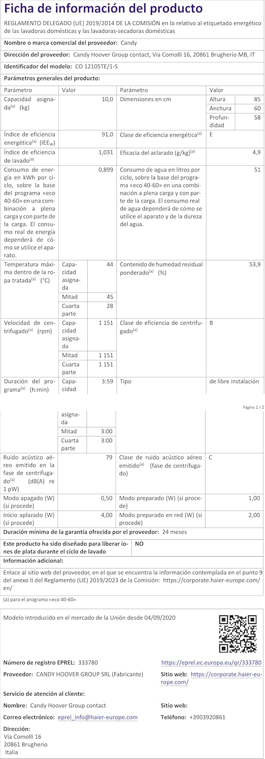 CANDY CO 12105TE/1-S Lave-linge Hublot Smart Pro, 10 kg, 1200 tr/min, Classe E, Blanc