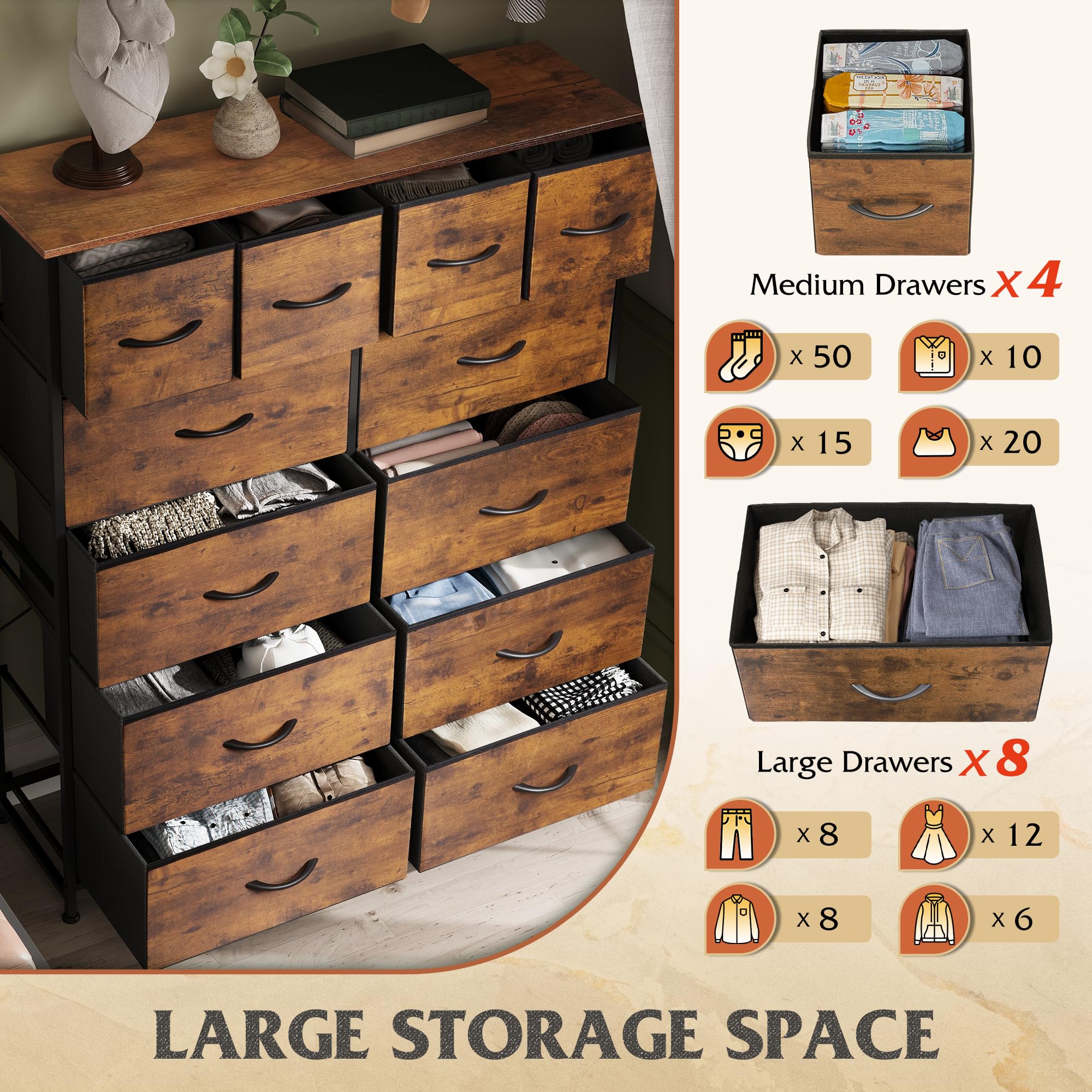 WLIVE Tall Dresser for Bedroom with 12 Drawers