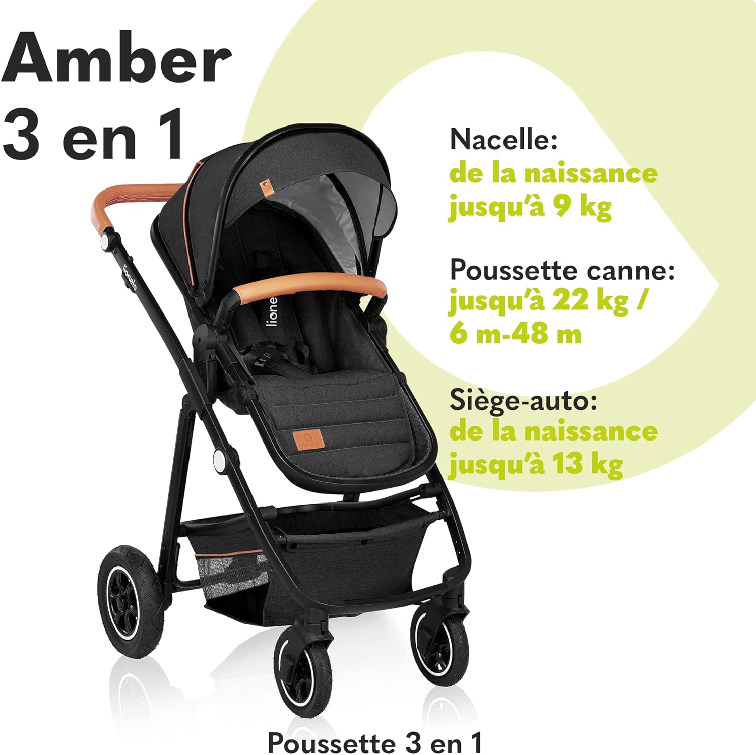 LIONELO Amber 3 in 1 poussette multifonctionnellle, landau, ensemble poussette avec siège sport et nacelle fixe, sac, moustiquaire, couvrir, feuille de pluie mit siege auto