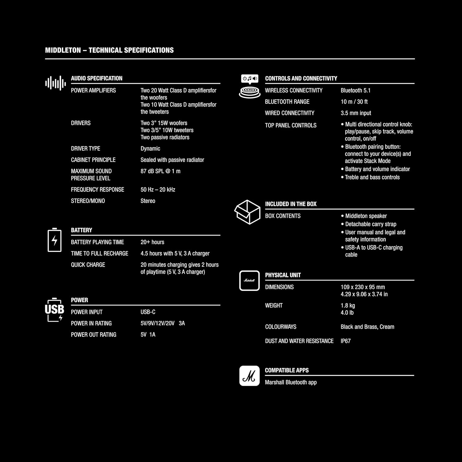 Marshall Middleton Haut-Parleur Bluetooth Portable sans Fil - 20+ Heures de Lecture Portable - Étanche IP67 - Noir & Laiton