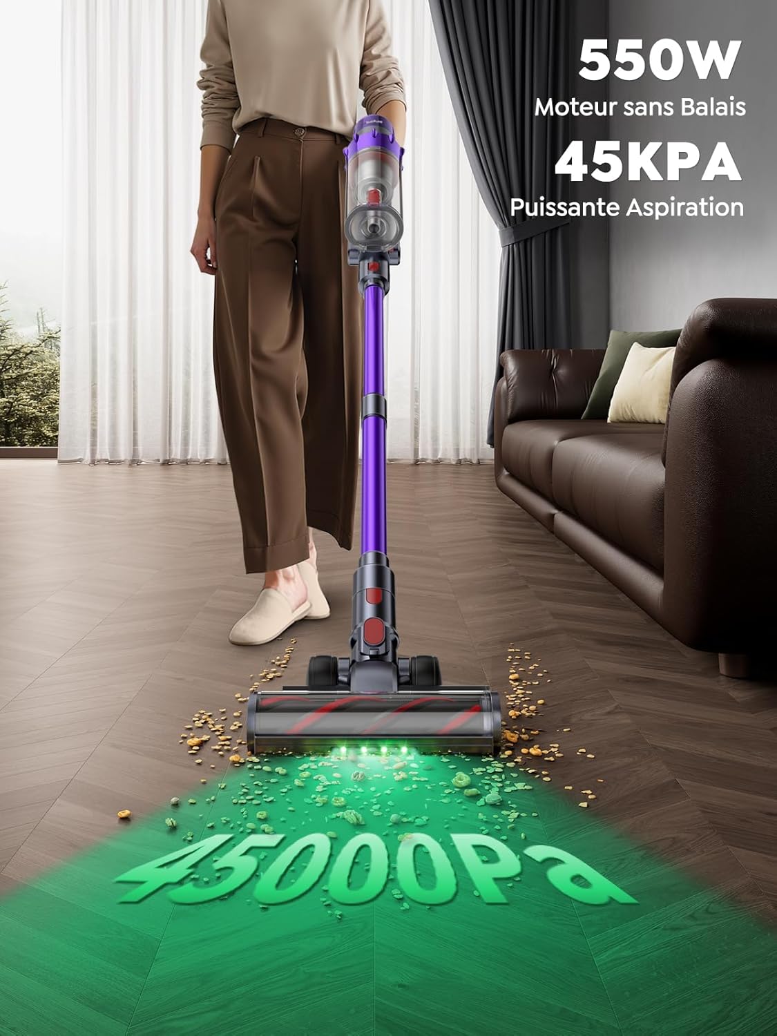SMOTURE VAC02 550W Aspirateur Balai sans Fil, 45kPa/60min Aspirateur sans Fil Puissant, Rechargeable Support Mural Aspirateur balais pour Tapis, Poils Animaux, Sol Dur et Voiture