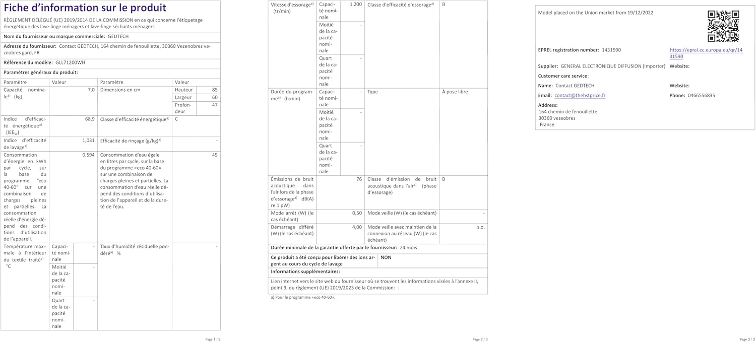 Lave-linge frontal GEDTECH GLL71200WH - 7 Kgs - 1400 tr/mn - 16 programmes - Eco - Intensif - Rapide – Très Faible conso