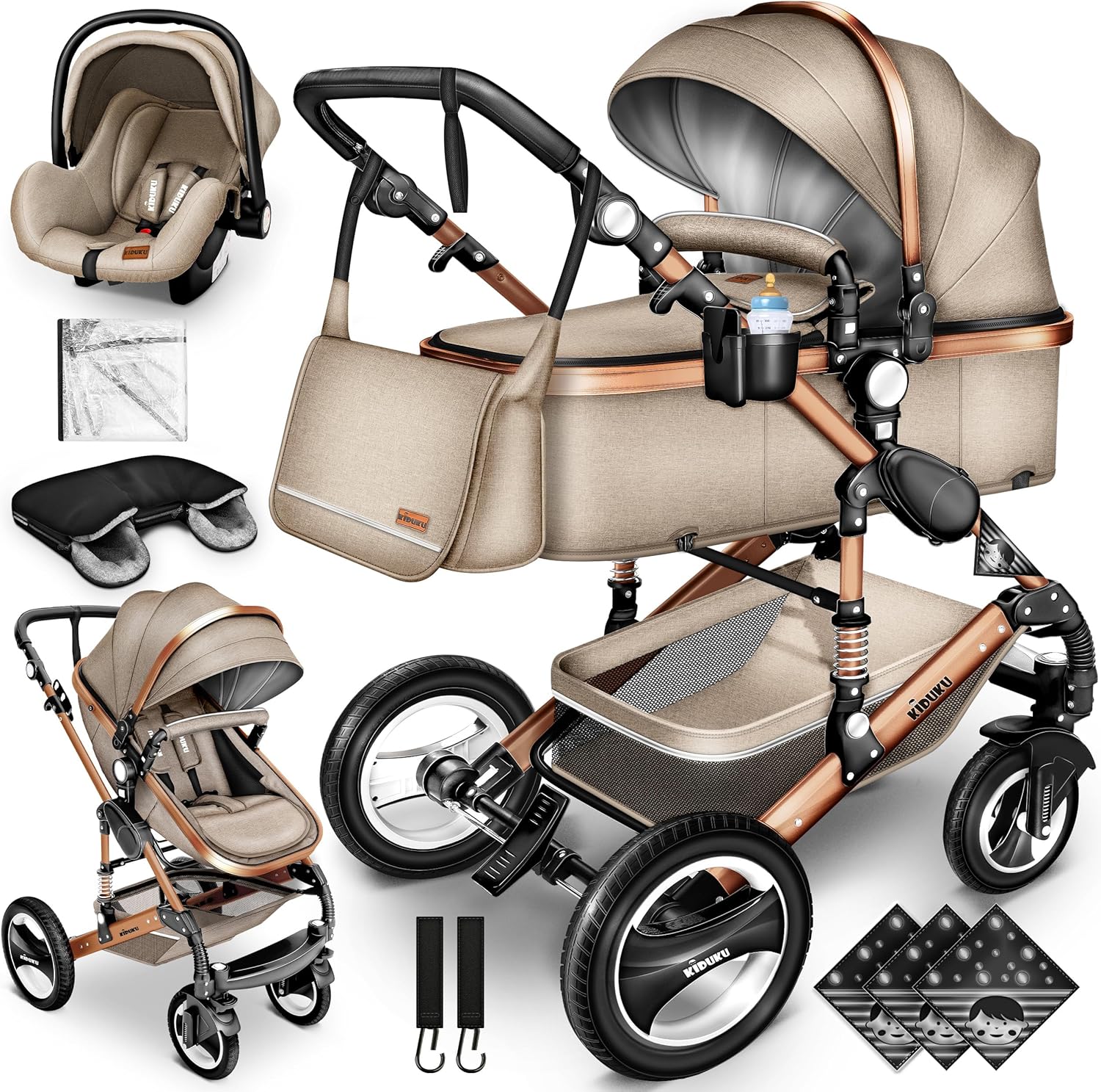 KIDUKU® Poussette Combinée 3 en 1 | Trio pour Enfants | Siége Auto Légère, Piable | Nacelle Souple Convertible | Set de Voyage (Noir/Champagne)