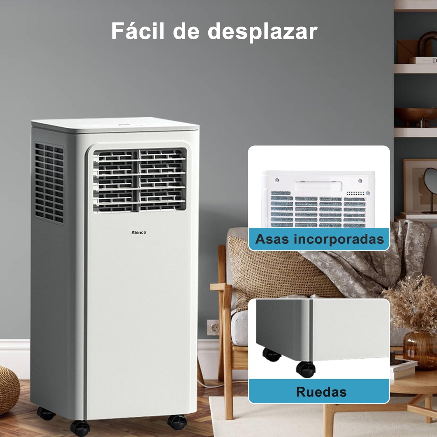 SHINCO Climatiseur mobile, 7000 BTU 2,05kW, Refroidir&Ventilation&Déshumidification, taille de la pièce jusqu'à 54m³(18㎡), Climatiseur mobile avec tuyau d'évacuation et tuyau de vidange, mode sommeil