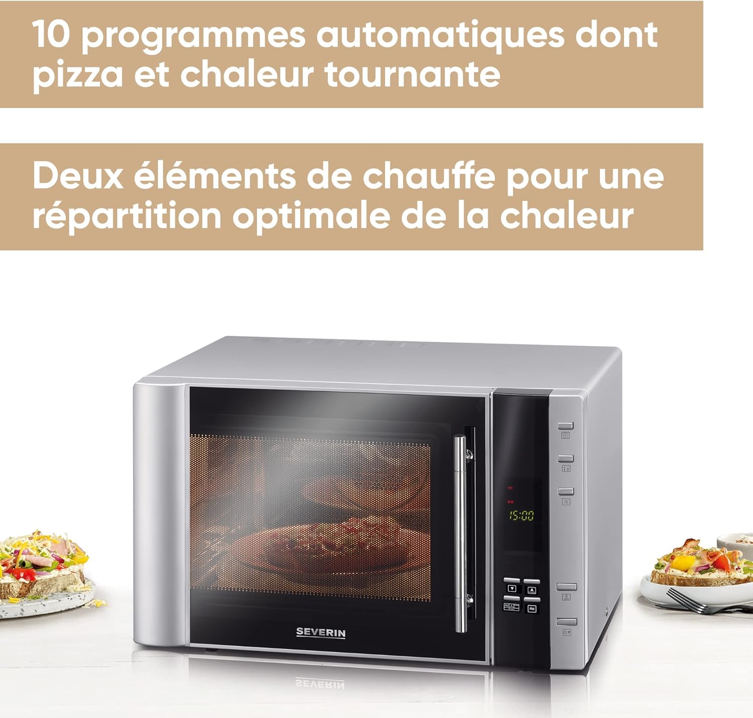 SEVERIN Four à micro-ondes 30 L, 2 500 W, avec fonction gril et chaleur tournante, avec 5 niveaux de puissance, 10 programmes automatiques, Inox/Noir, MW 7775