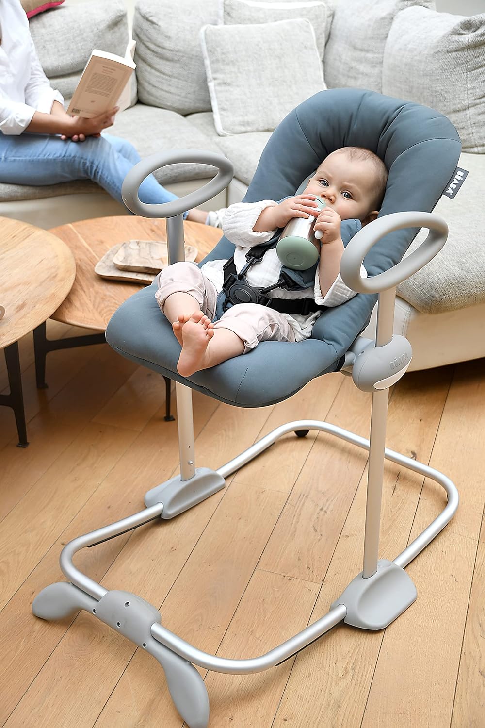 Béaba, Transat Up & Down IV, Transat Réglable en Hauteur, Unisexe pour Bébé et Enfants, 3 Positions d'Inclinaison, Harnais Sécurité 5 Points, Réducteur de Naissance, Gris minéral et miel