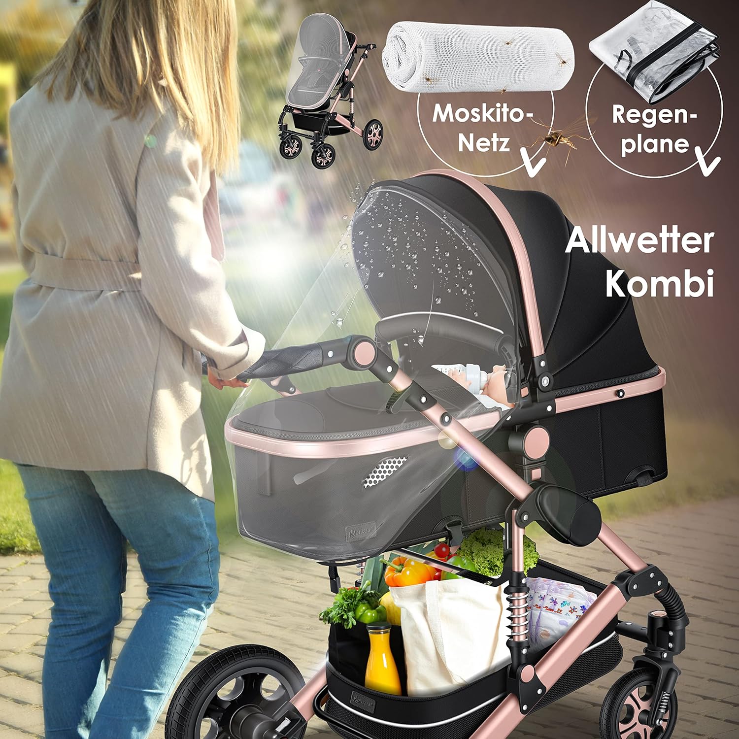 KESSER® Poussette combinée 3en1 Set incl. baignoire bébé poussette Siège sport & siège auto pour bébé Pneus pleins en caoutchouc Sac à langer Protection pluie Table pour enfant ECE R129 noir/champagne