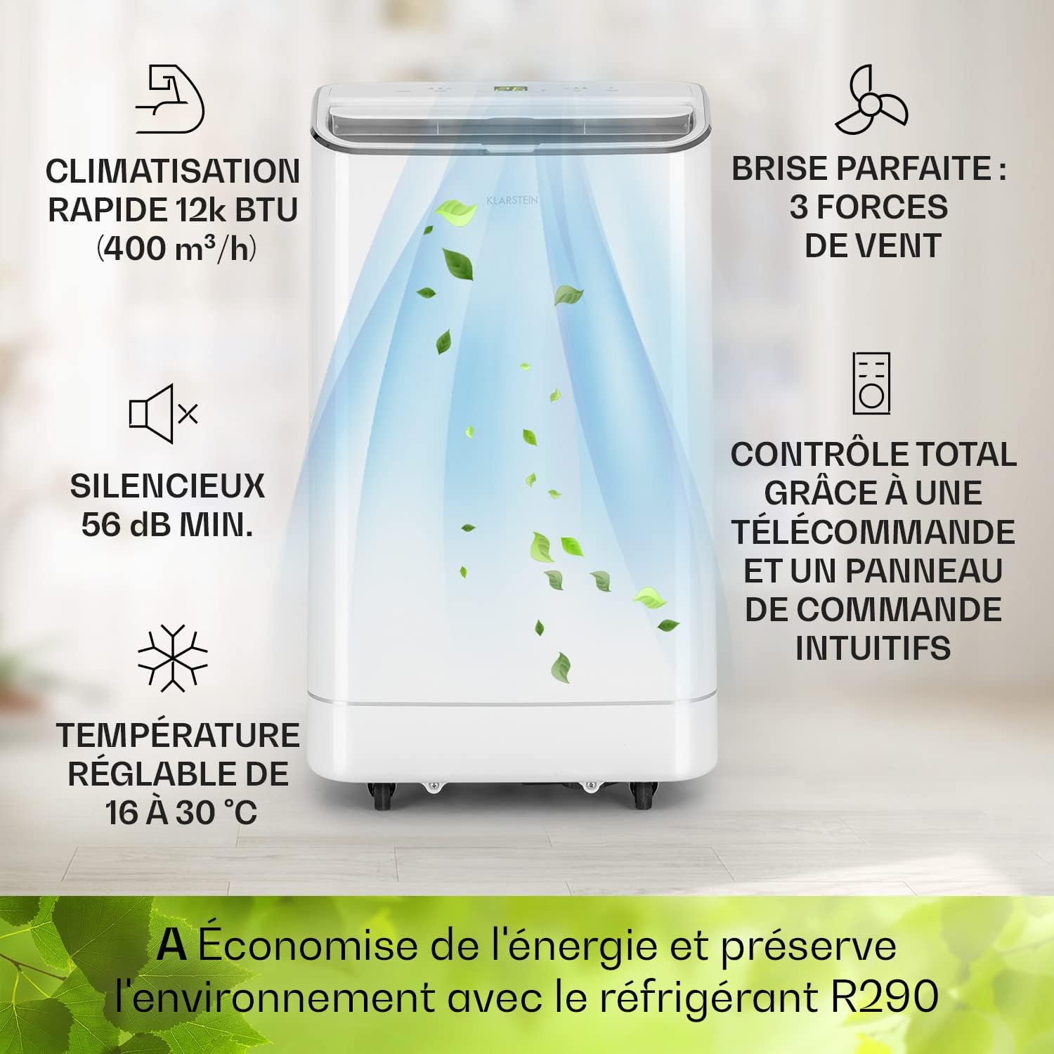 Klarstein Climatiseur Mobile Silencieux, Climatiseur 3 en 1, Mode Nuit, Déshumidificateur, Ventilateur, Mini Climatisation à Faible Conso, Evacuation, Clim Portable, Puissante, 12000 BTU, Climatiseurs