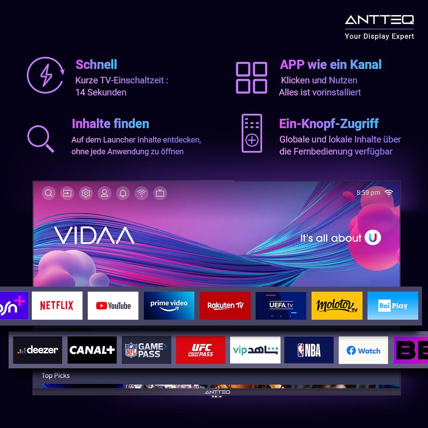 Antteq AB42D1 télévision 42 Pouces (TV 107 cm), Dolby Audio, LED, Triple Tuner DVB-C / T2 / S2, CI+, HDMI, Lecteur multimédia Via USB, Sortie Audio numérique, y Compris Mode hôtel