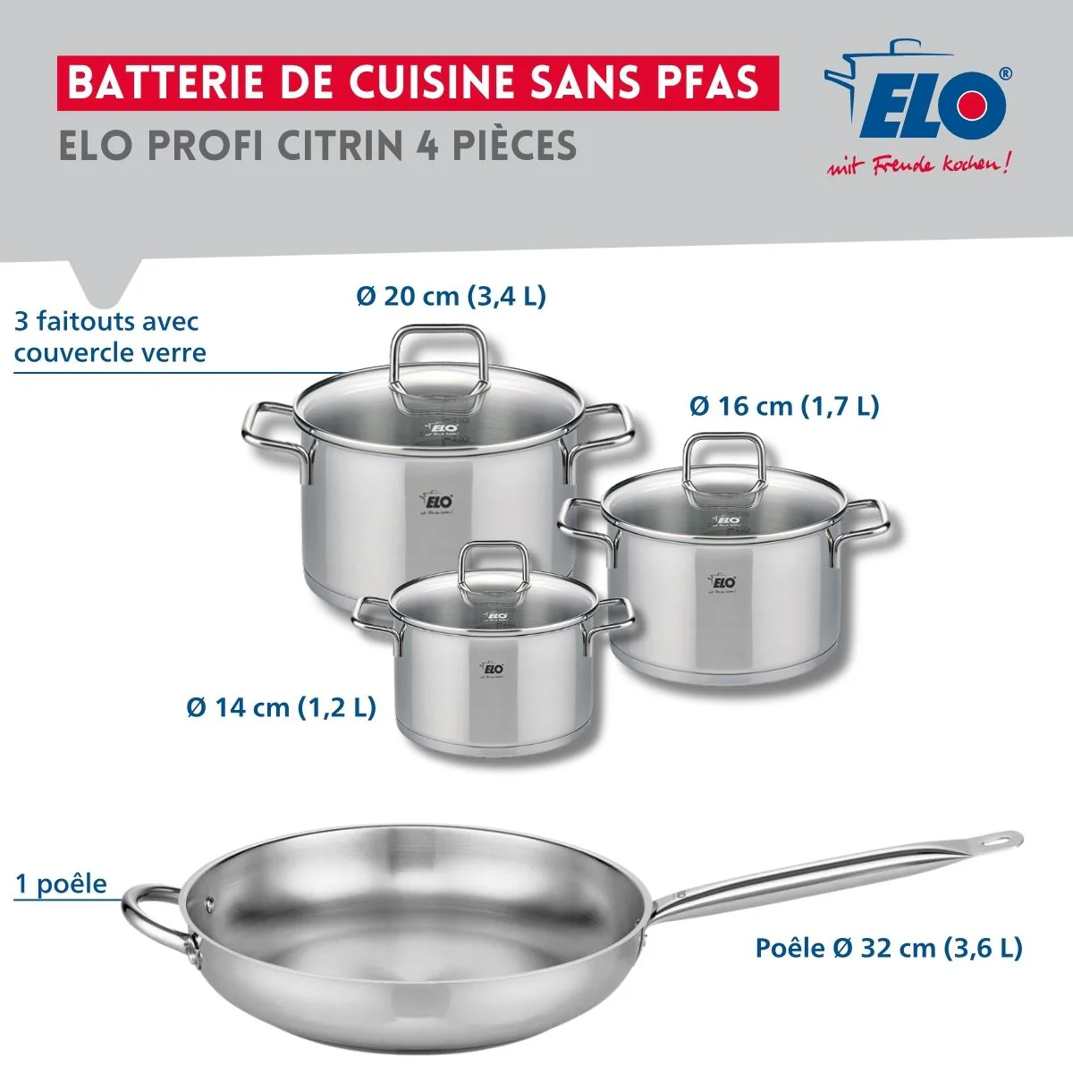 Set de 1 Poêle de cuisson 32 cm et 3 faitouts 14, 16 et 20 cm Elo Profi Citrin Elo