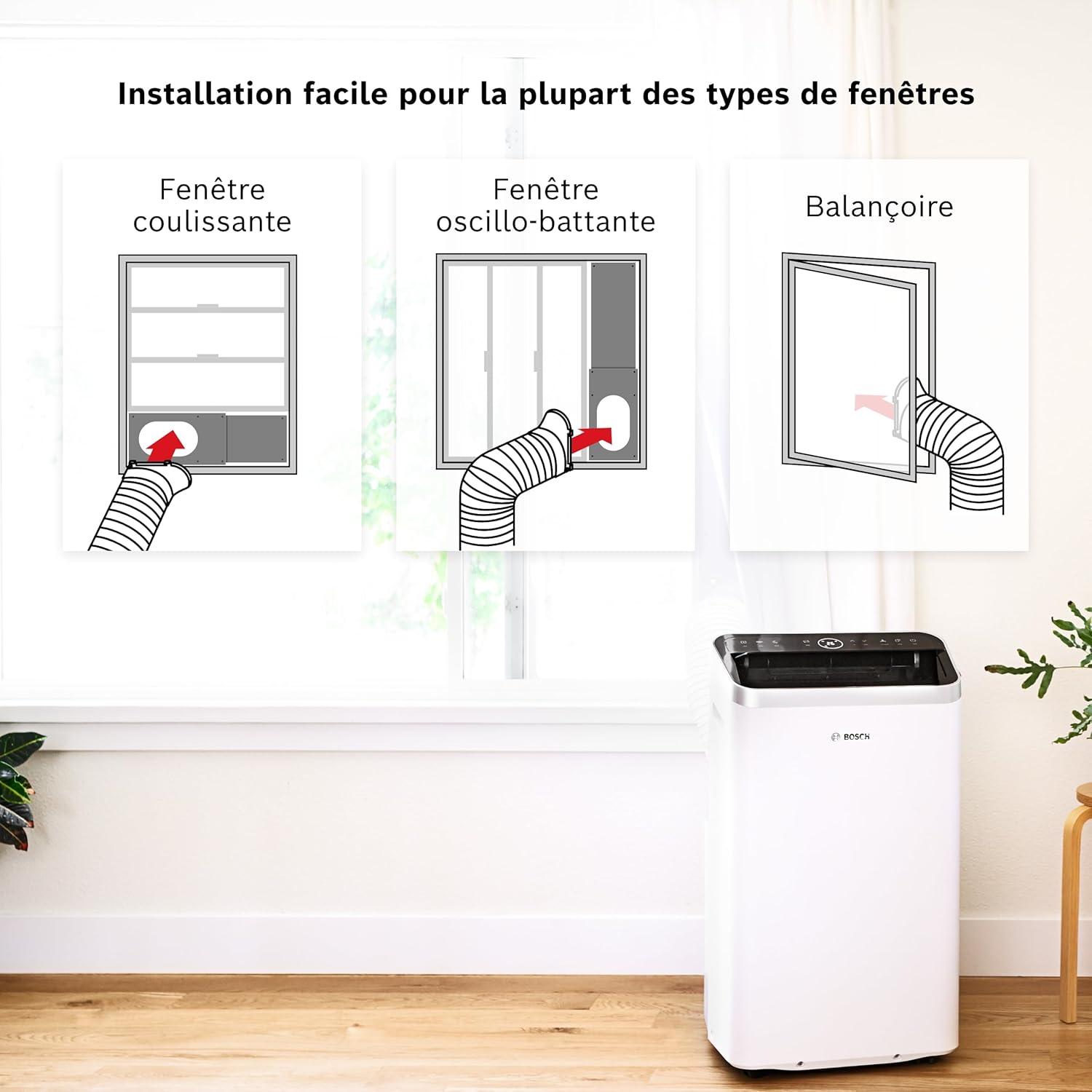 Bosch Cool 5000 Portable AC - 3 en 1 : Climatiseur, Déshumidificateur, Ventilateur - 3,5kW, PAC pour les pièces jusqu'à 35m² - Avec mode automatique, mode silencieux et mode veille