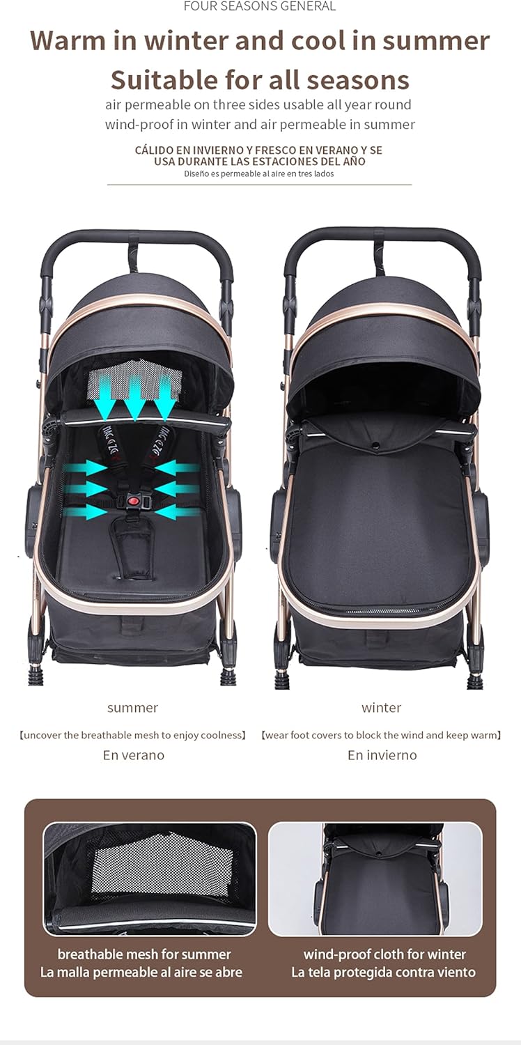 Magic ZC Poussette 3 en 1, Poussette Bebe avec Conception Portable Pliable en Un Clic, Pousette 3 en 1 avec Poussée Réversible Bidirectionnelle, Poussette Trio avec Accessoires (black gold 588)