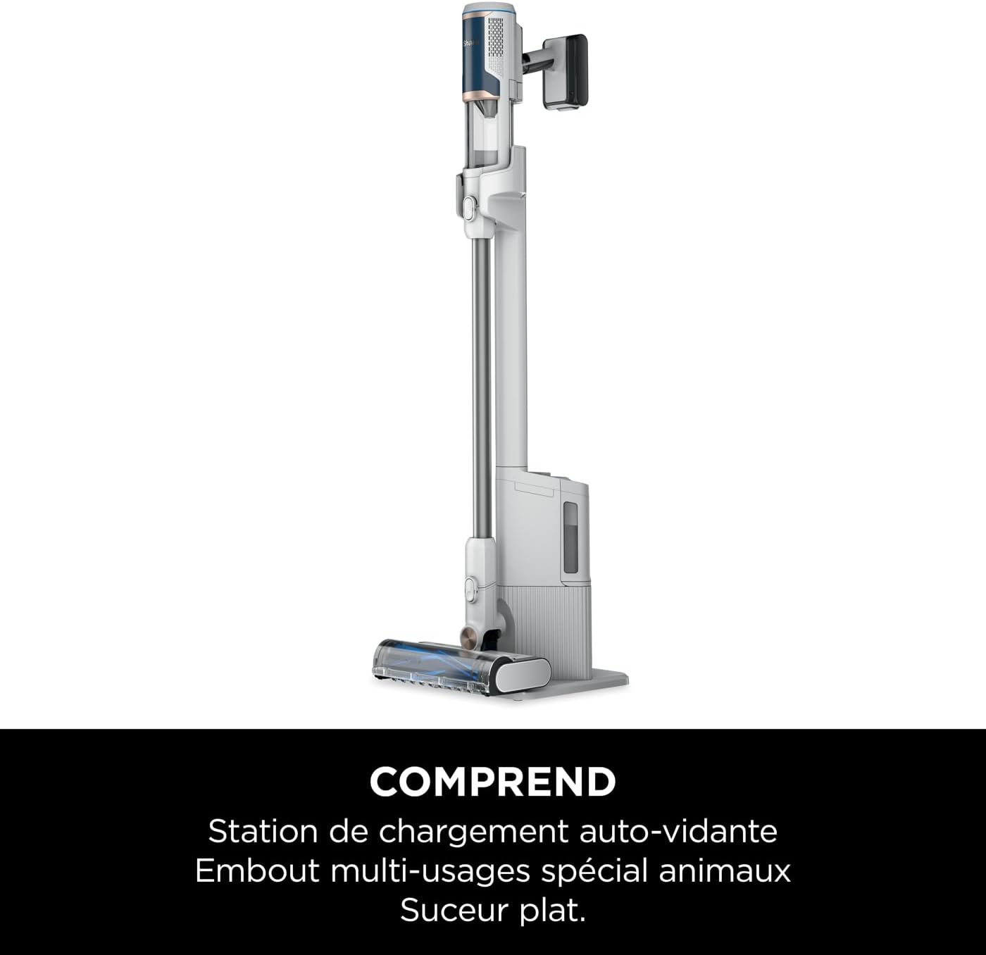Shark Clean & Empty Aspirateur sans fil, système vidange automatique, aspirateur léger anti-poils avec outils animaux et interstices, autonomie 40 minutes, station de chargement, blanc/bleu, BU3521EU