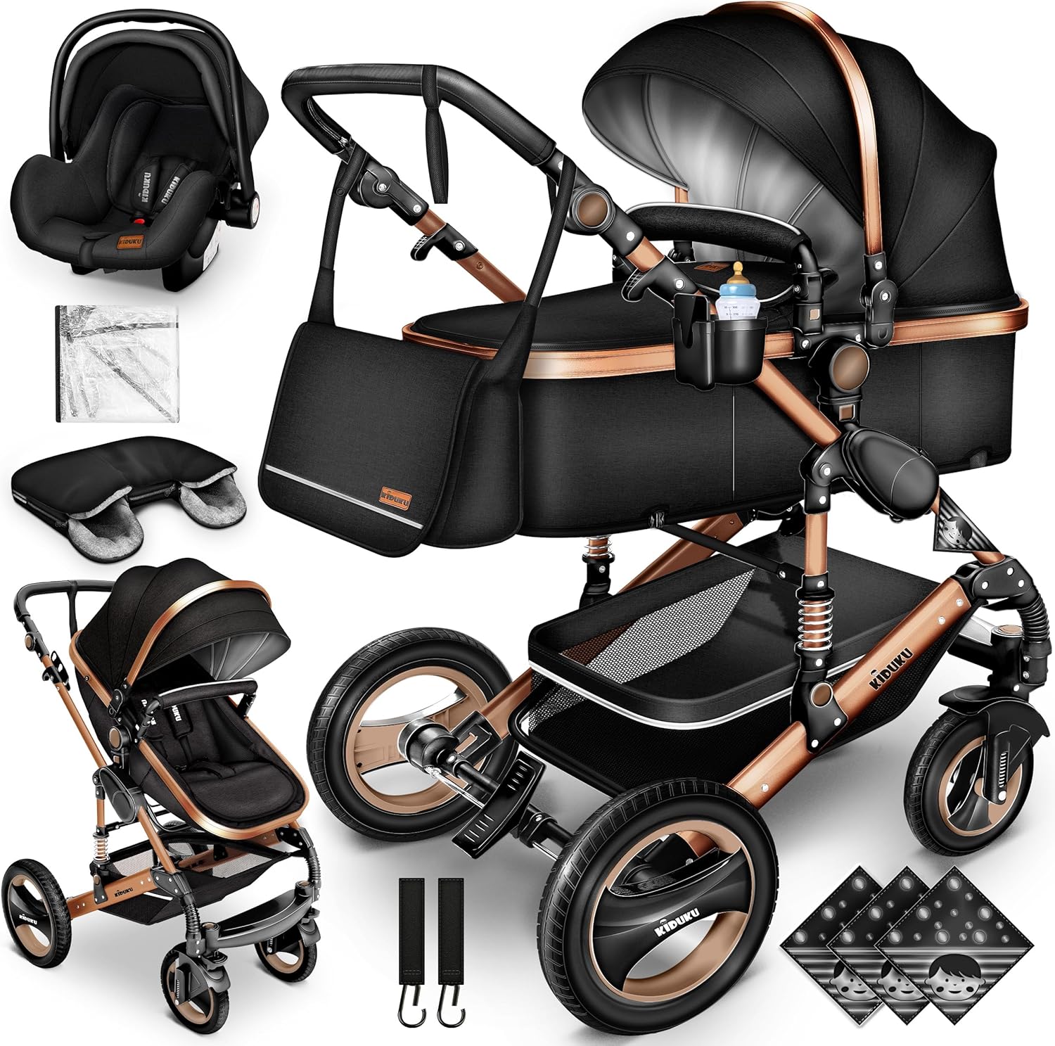 KIDUKU® Poussette Combinée 3 en 1 | Trio pour Enfants | Siége Auto Légère, Piable | Nacelle Souple Convertible | Set de Voyage (Noir/Champagne)