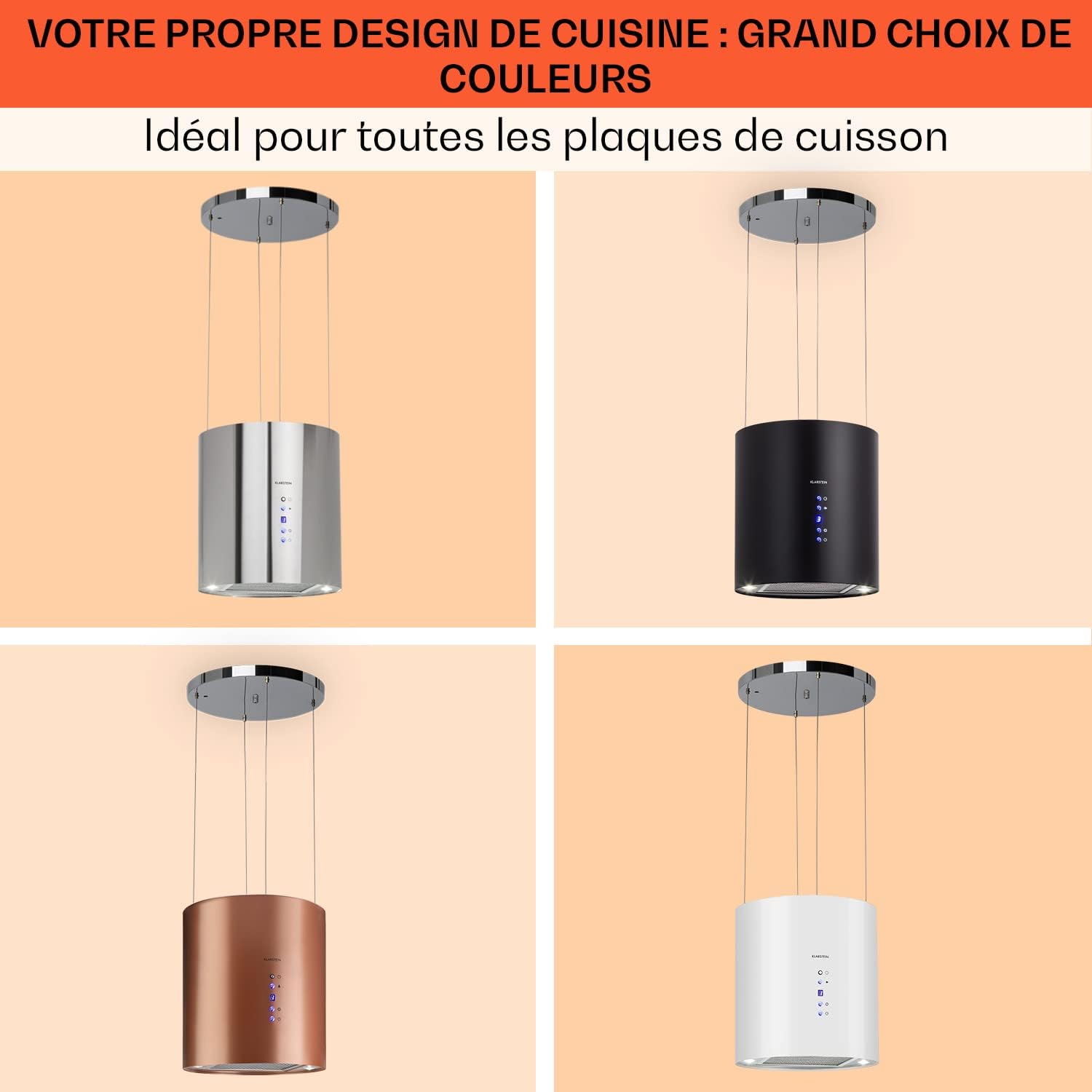 KLARSTEIN Barett - hotte aspirante îlot, hotte aspirante silencieuse Ø 35cm, Puissance Moteur 190W, 560 m³/h Max, 3 Niveaux de Puissance, éclairage LED, INOX - Argent