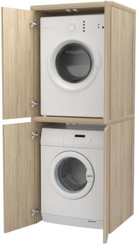 VE.CA Meuble lave-linge, sèche-linge, meuble buanderie avec portes, couleur chêne vintage, en bois, rectangulaire, colonne lave-linge et sèche-linge, fabriqué en Italie