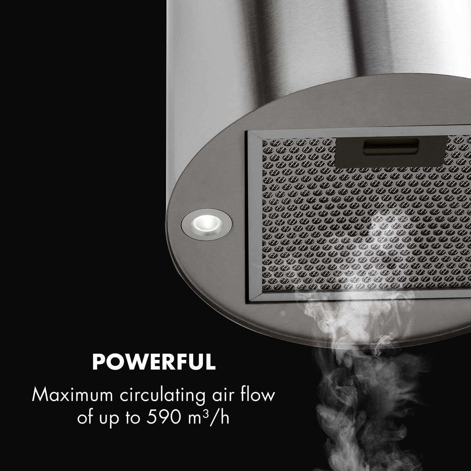 KLARSTEIN Barett - hotte aspirante îlot, hotte aspirante silencieuse Ø 35cm, Puissance Moteur 190W, 560 m³/h Max, 3 Niveaux de Puissance, éclairage LED, INOX - Argent