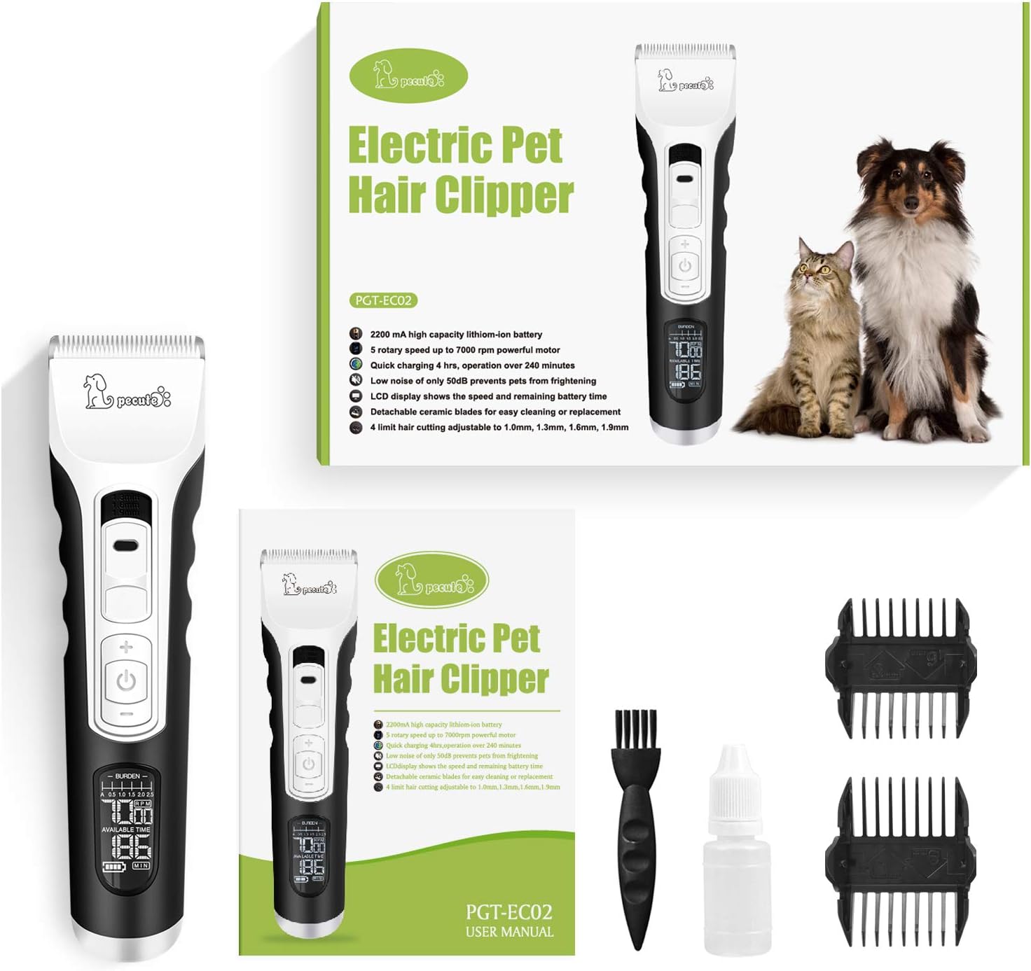 Pecute Tondeuse Chien Professionnel avec écran LCD et 5 Vitesses de Rotation, Tondeuse pour Chien et Chat Peut 4 h de Travail, Ultra Silencieux Rasoir Electrique pour Animaux de Compagnie Toilettage