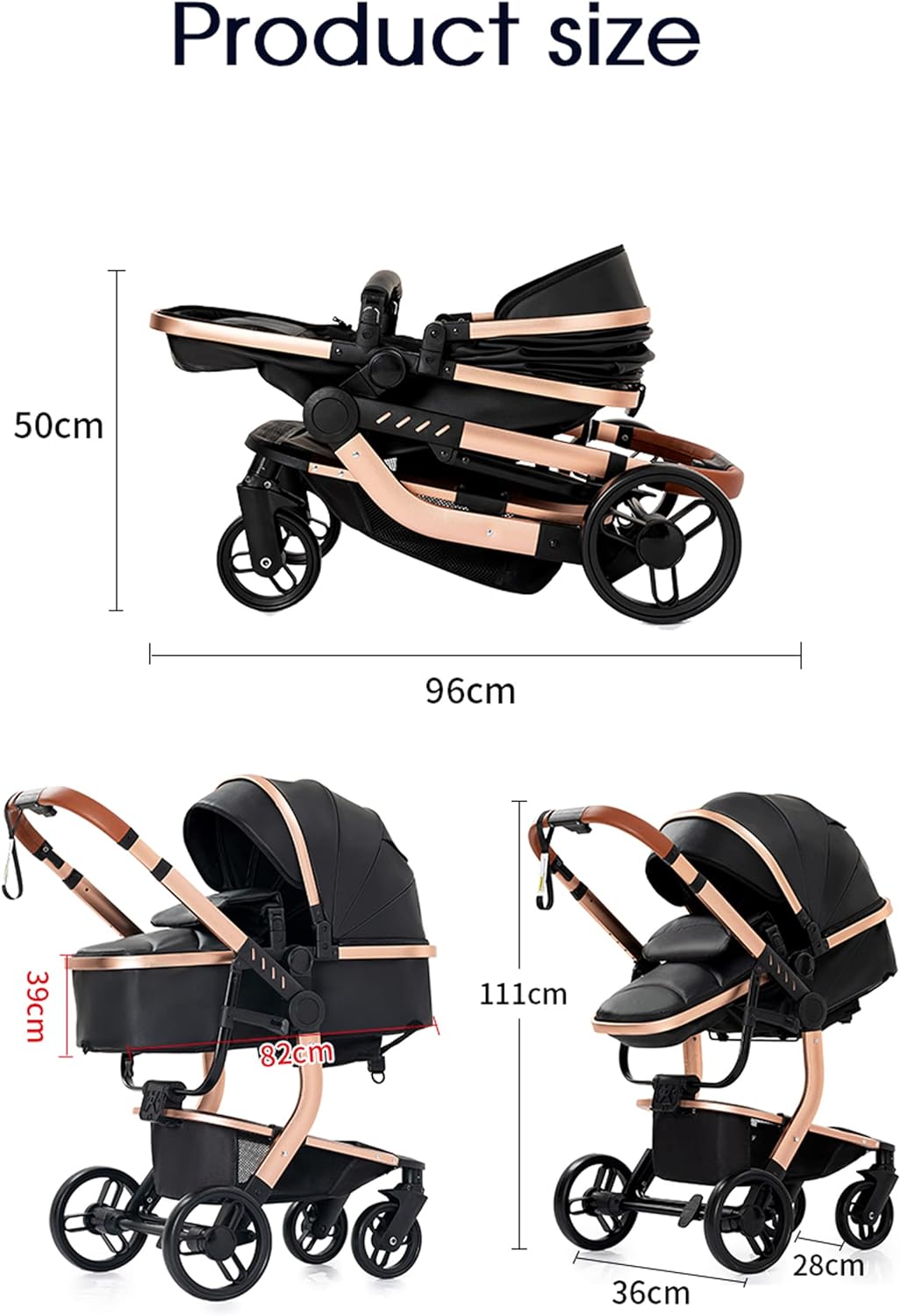Magic ZC Poussette 3 en 1, Poussette Bebe avec Conception Portable Pliable en Un Clic, Pousette 3 en 1 avec Poussée Réversible Bidirectionnelle, Poussette Trio avec Accessoires (black gold 588)