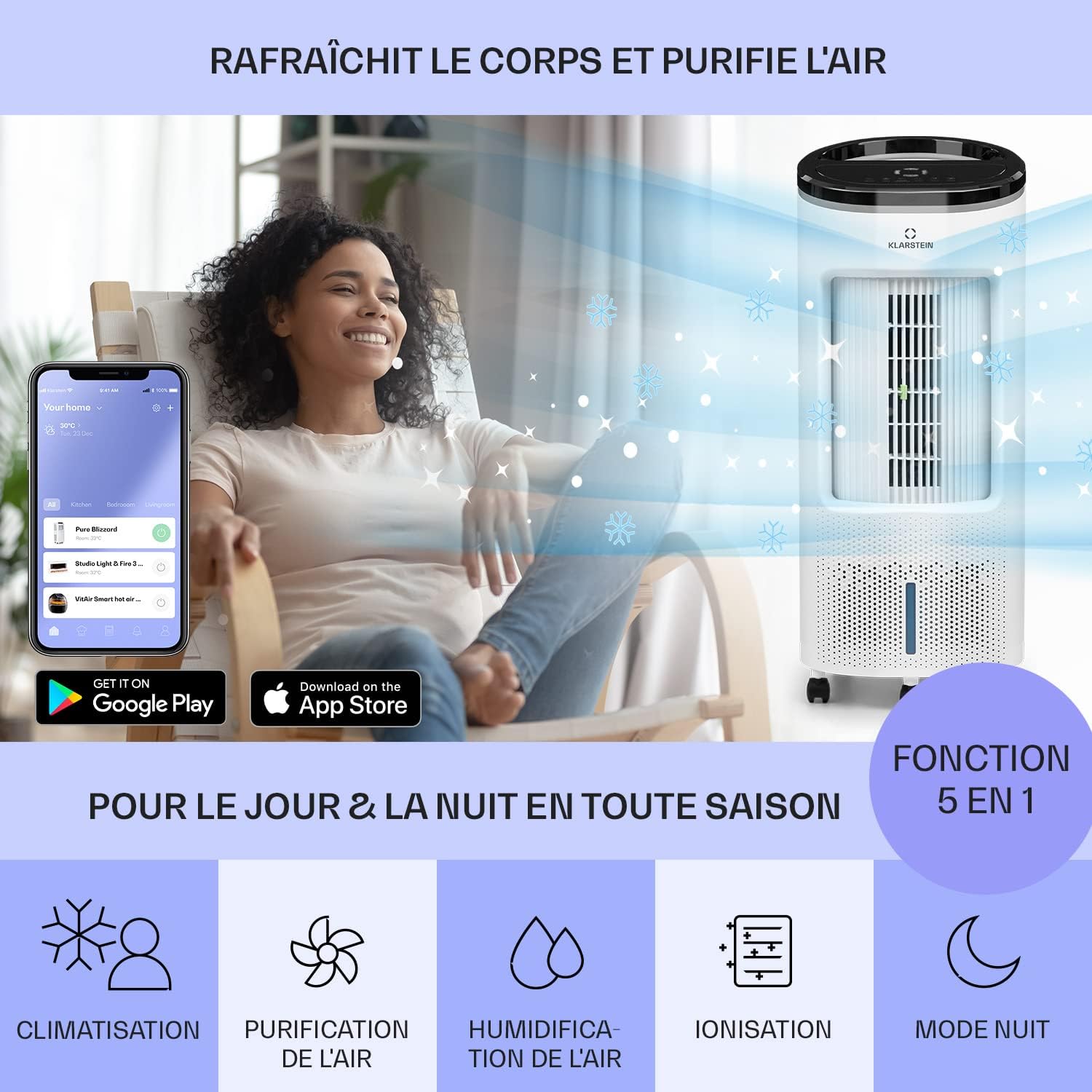Klarstein Rafraichisseur d'Air 4 en 1, Climatiseur Portable Smart APP Mobile, Humidificateur, Ventilateur, Sans Évacuation 65W, Pack Glacons, Mode Nuit, Puissant Débit d'Air 330m³/h