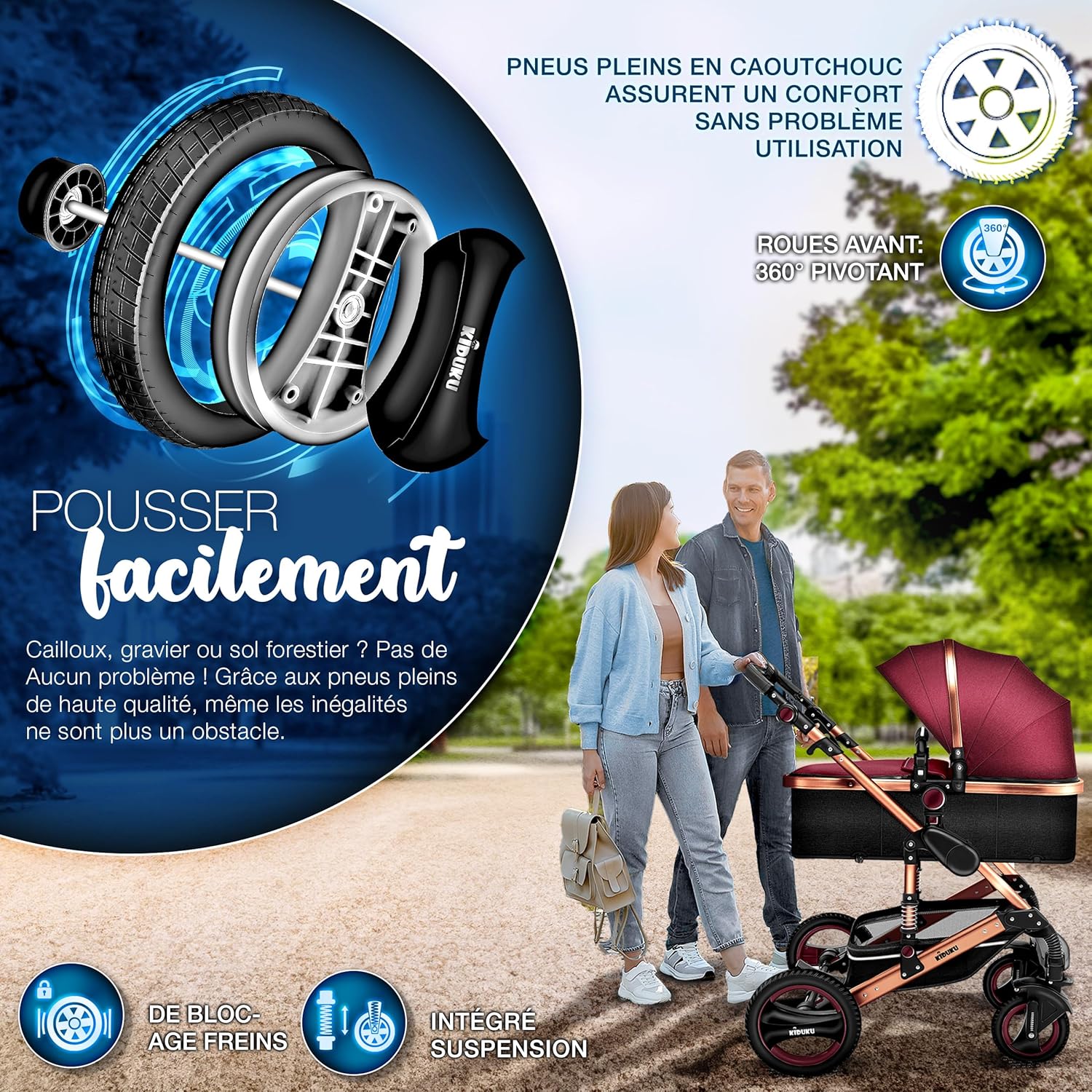 KIDUKU® Poussette Combinée 3 en 1 | Trio pour Enfants | Siége Auto Légère, Piable | Nacelle Souple Convertible | Set de Voyage (Noir/Champagne)