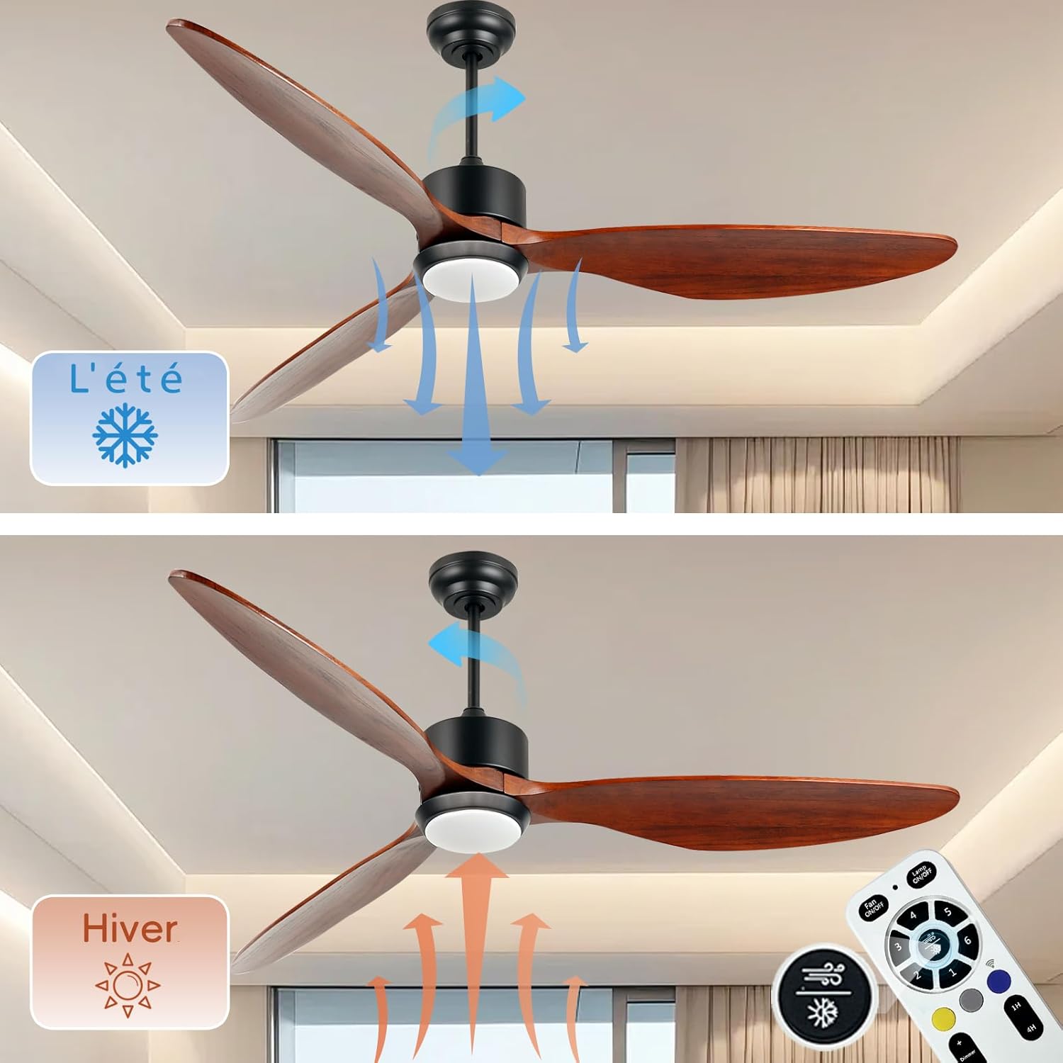 Ovlaim 132cm intérieur extérieur 3 pales hélice Smart ventilateur de plafond, Ventilateur de plafond en bois massif à moteur DC silencieux avect