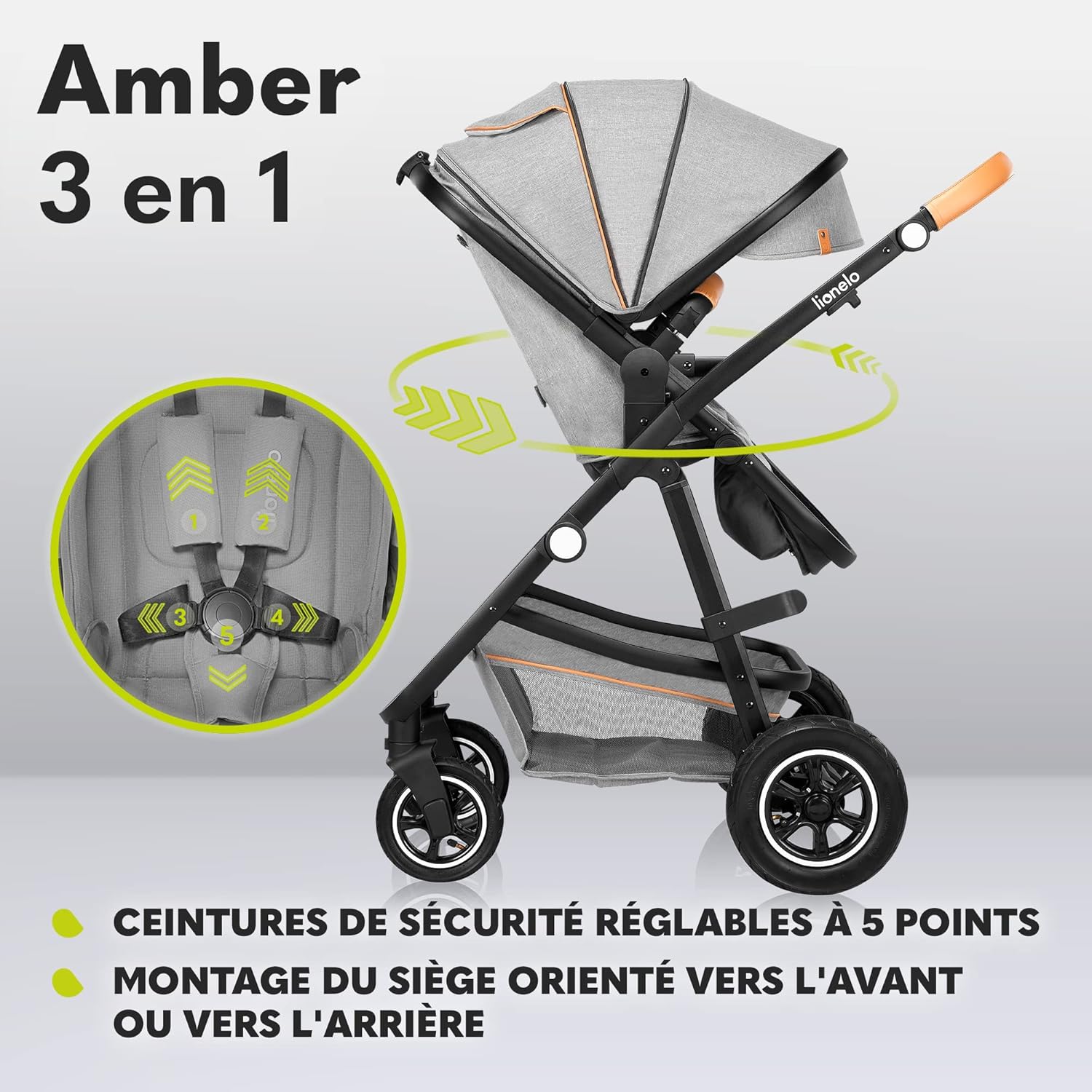 LIONELO Amber 3 in 1 poussette multifonctionnellle, landau, ensemble poussette avec siège sport et nacelle fixe, sac, moustiquaire, couvrir, feuille de pluie mit siege auto