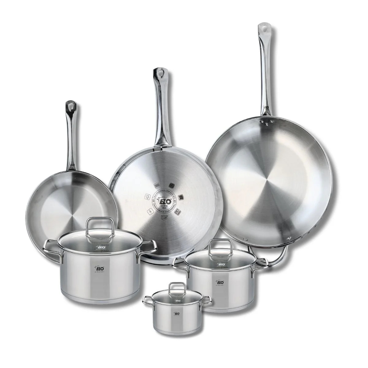 Ensemble de 3 Poêles de cuisson 24, 28 et 32 cm et 3 faitouts 12, 16 et 20 cm Elo Profi Citrin Elo