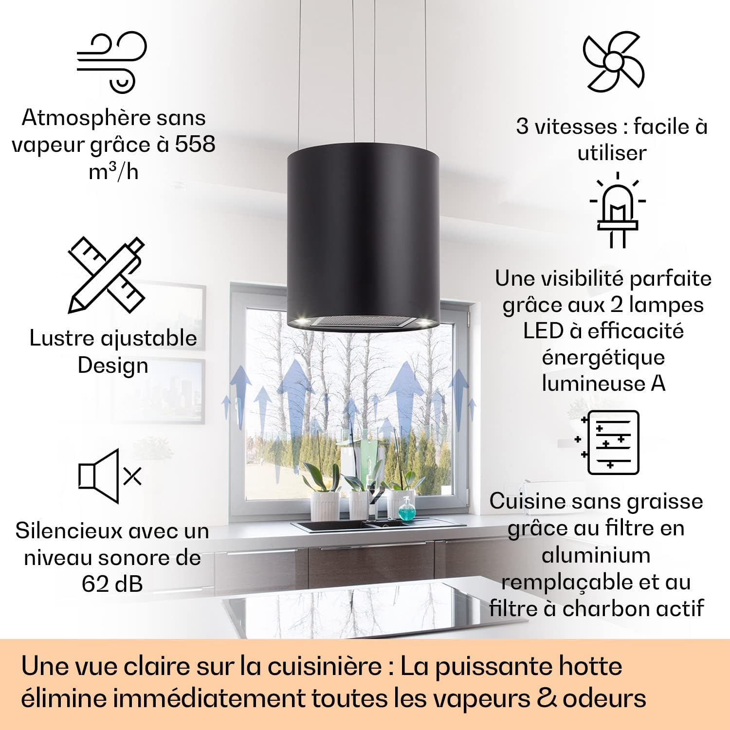 KLARSTEIN Barett - hotte aspirante îlot, hotte aspirante silencieuse Ø 35cm, Puissance Moteur 190W, 560 m³/h Max, 3 Niveaux de Puissance, éclairage LED, INOX - Argent