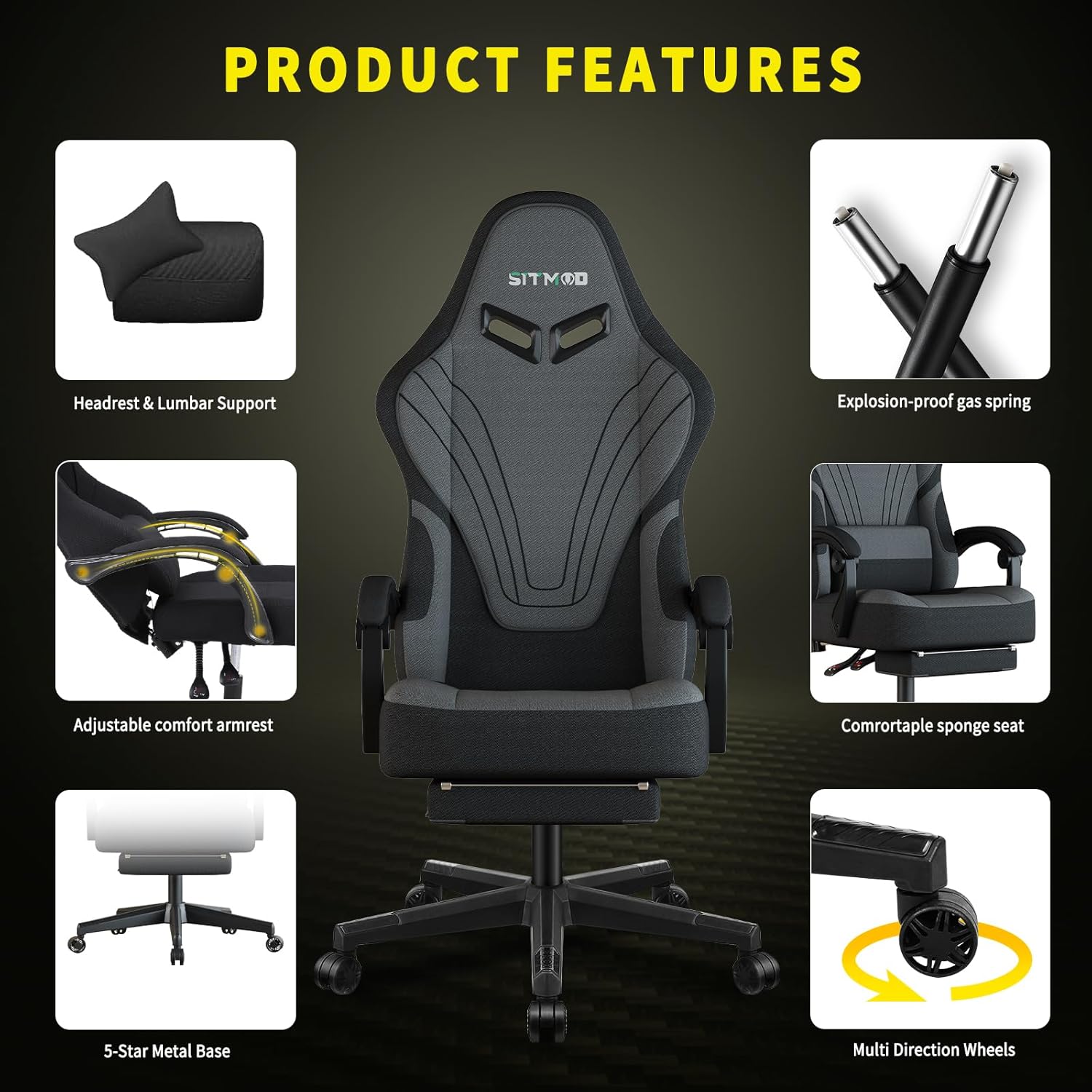 Ulody Chaise Gaming Ergonomique, Fauteuil de Bureau Pivotant, Dossier Haut, Siege Gamer avec Appui-tête et Soutien Lombaire Ajustables, Chaise de Jeu avec Repose-Pieds(Gris)