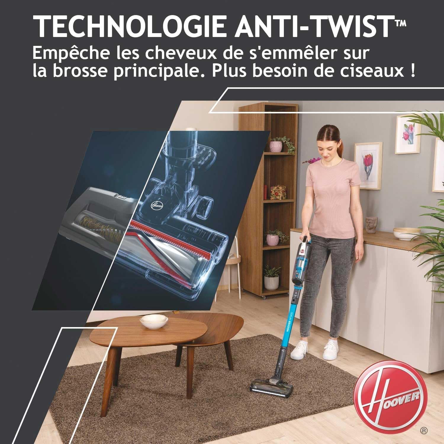 Hoover HF522STP Aspirateur Balai sans Fil Puissant, Grande Autonomie, Rangement Compact, Electrobrosse Anti-emmêlement LED, Turbobrosse Spéciale Animaux, Charge Rapide,Position Park&Go, Bleu Skyfall