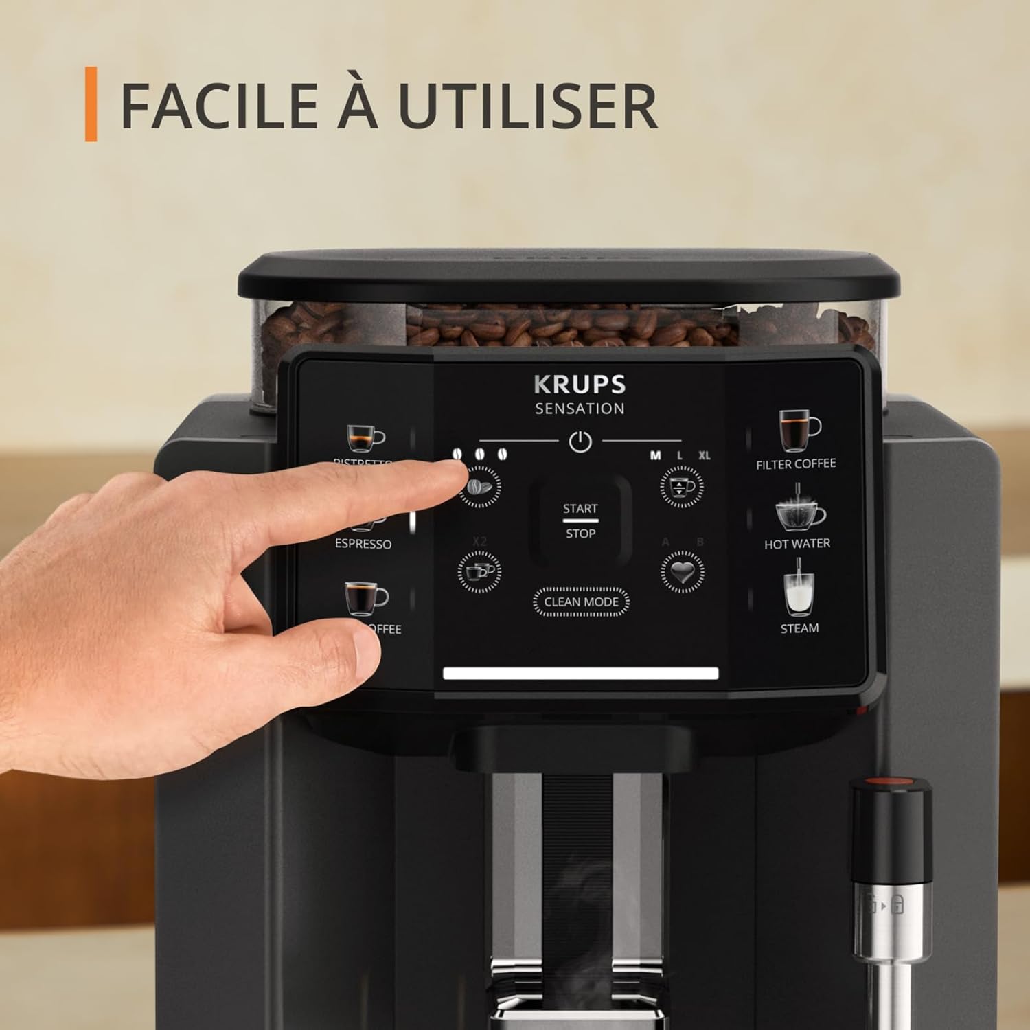 Krups Sensation C50, Machine à café grains, 5 Boissons en accès direct, Interface tactile couleur, Facile à utiliser, Nettoyage sans effort, Buse manuelle Cappuccino, Fabriqué en France EA910810