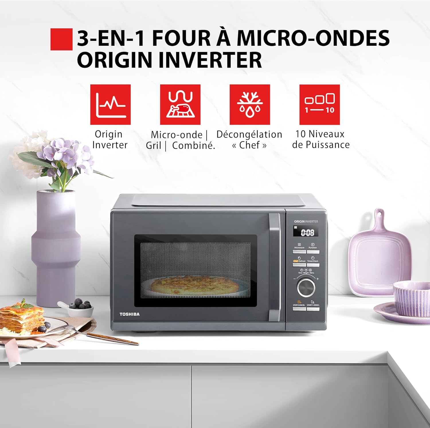Toshiba MW3-AC26PFI(MG) Four à Micro-ondes 26L Air chaud combiné, 6-en-1 900W avec Cuiseur Vapeur en Gris Morandi, 6 Programmes 10 Niveaux de Puissance, 10 Menus Automatiques