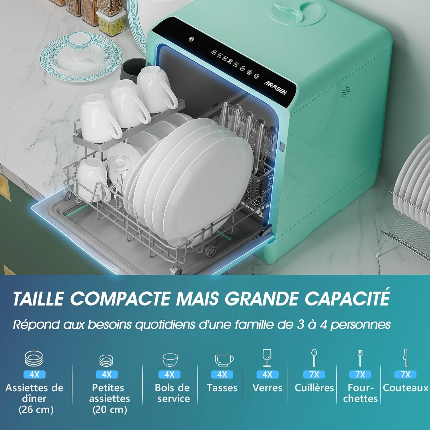 AIRMSEN Mini Lave-Vaisselle de Comptoir, 5+1 Programmes, Réservoir d'Eau de 5L, Contrôle Tactile et Écran LED, Adapté pour les Cuisines Familiales, Appartements et Dortoirs, Blanc et noir