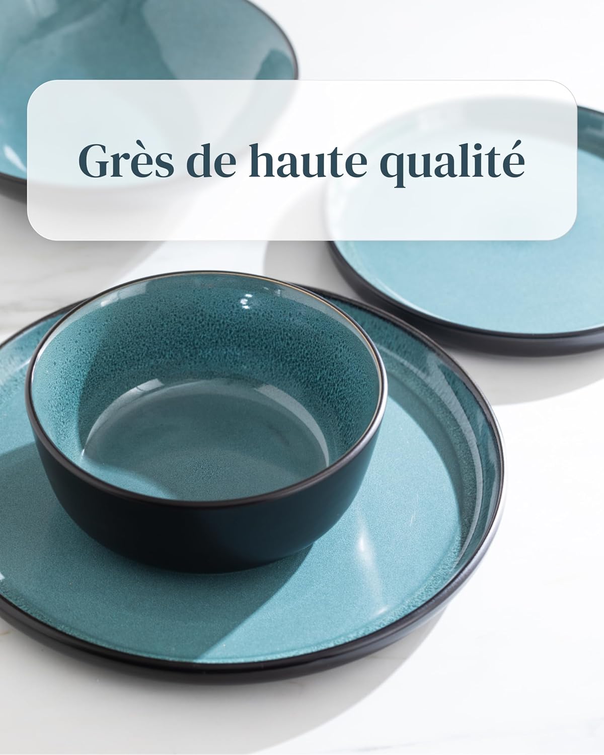 Service de Vaisselle en Grès Ibiza 36 pièces –Ensemble de Vaisselle pour 12 Personnes, Adapté au Lave-Vaisselle et au Micro-Ondes, Pure Living bleu fumé, Assiettes Service de Table