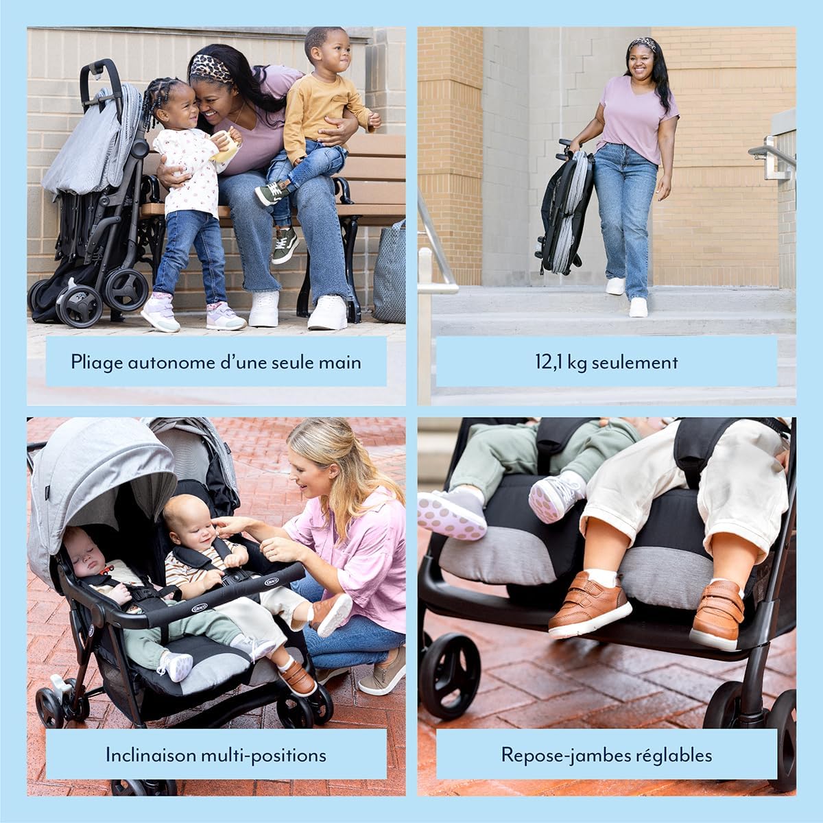 Graco DuoRider Poussette double légère, de la naissance à environ 3 ans (0-15 kg), dossiers réglables, pliable, grand panier de rangement, gris, Steeple Gray