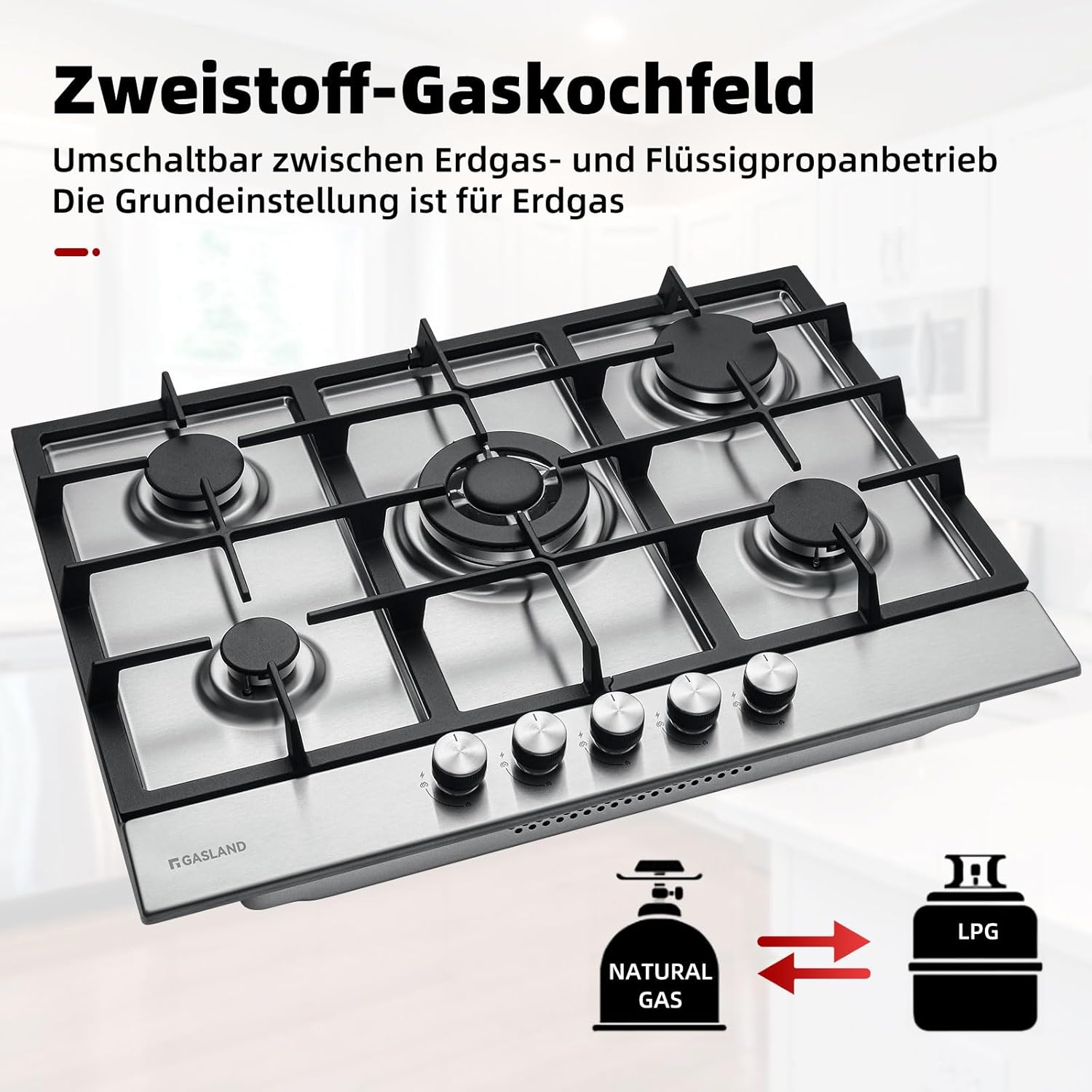 GASLAND GH2805BG1FC Table de cuisson à gaz 5 feux, Cuisinière à gaz avec brûleur wok, Table de cuisson à gaz encastrable, 76cm noir Cuisinière à gaz en verre, Cuisinière à gaz 10,4KW, GPL/NG
