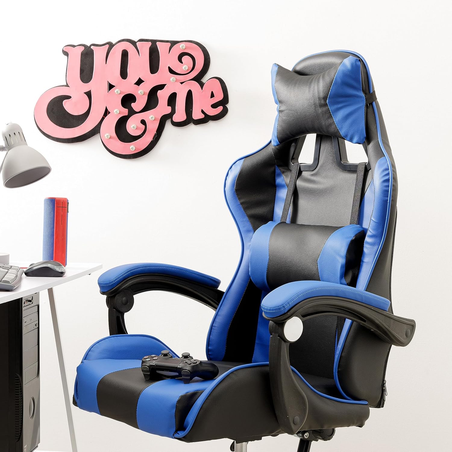 Baroni Home Chaise de Gaming, Chase de Jeux Ergonomique Chaise de Bureau avec Confortable Dossier réglable, Appui-tête et Soutien Lombaire, Blanc